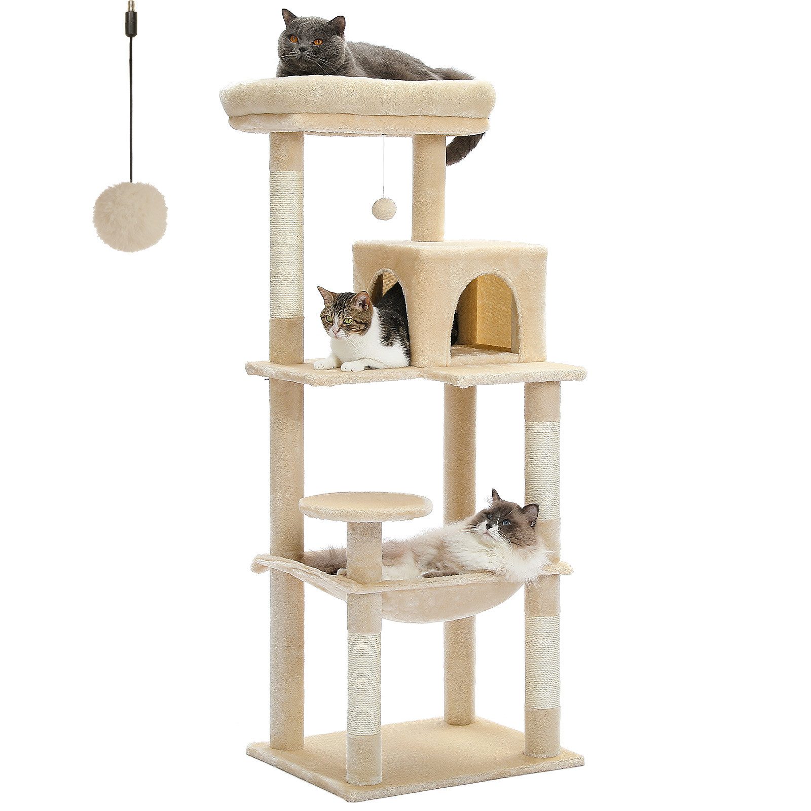 PAWZ Road Kratzbaum Kratzbaum 143cm Groß Katzenspielturm stabiles schönes Katzenhaus, Größe Höhle Hängematte