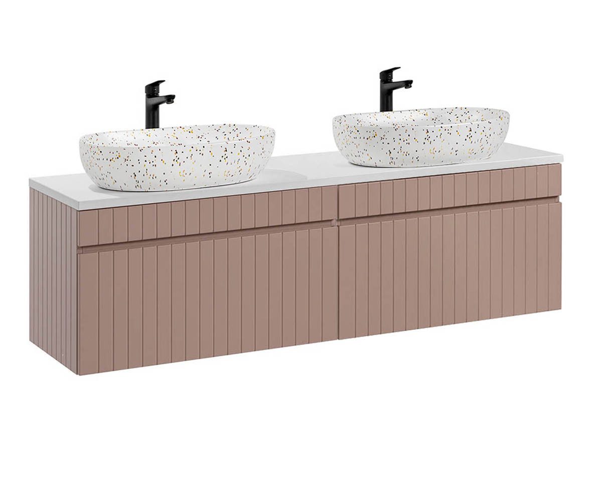 einfachgutemoebel Waschtisch-Set Badezimmer Waschplatz ROSINA 160cm, mit Aufsatzbecken, rosé-weiß, (Badmöbel Set, 1-St., Waschtisch Set)