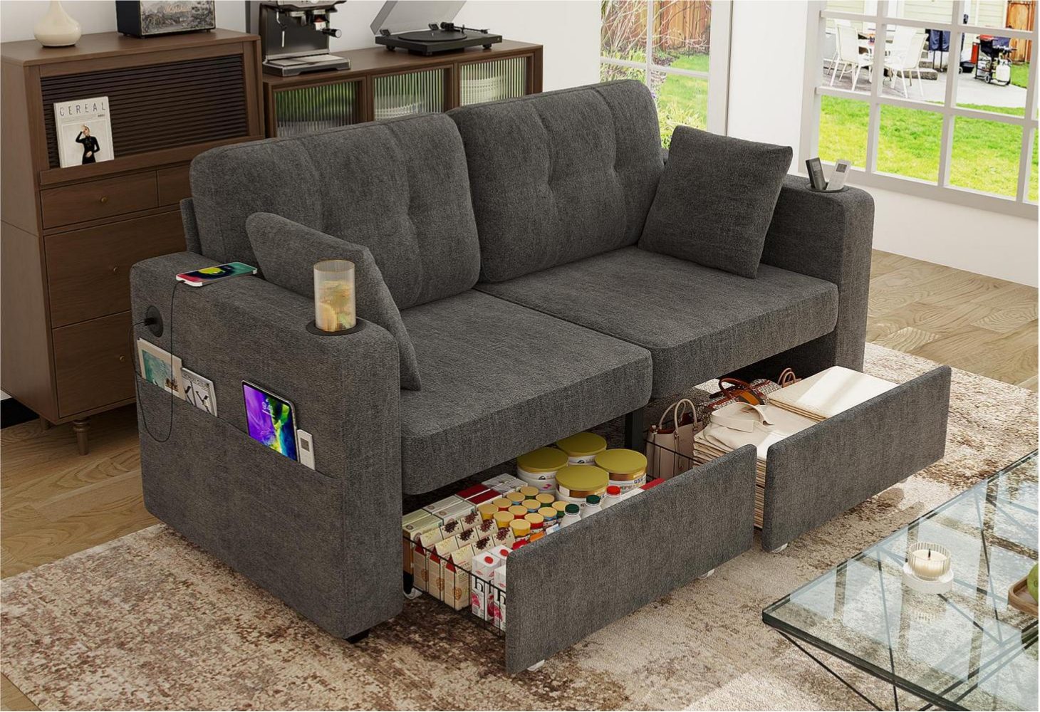 LVHOM 2-Sitzer Loungesofa mit Stauraum, Seitentaschen, Getränkehaltern, USB-/-C-Port, 2xausziehbare Stauraum unten, Seitenfach+Seitentaschen, 2xGetränkehalter, 2xLadeanschlüsse, Chenille, inkl. 2 Zierkissen, Holzrahmen, bis 250 kg, für Wohn-, Schlaf-, Arbeitszimmer & Apartement