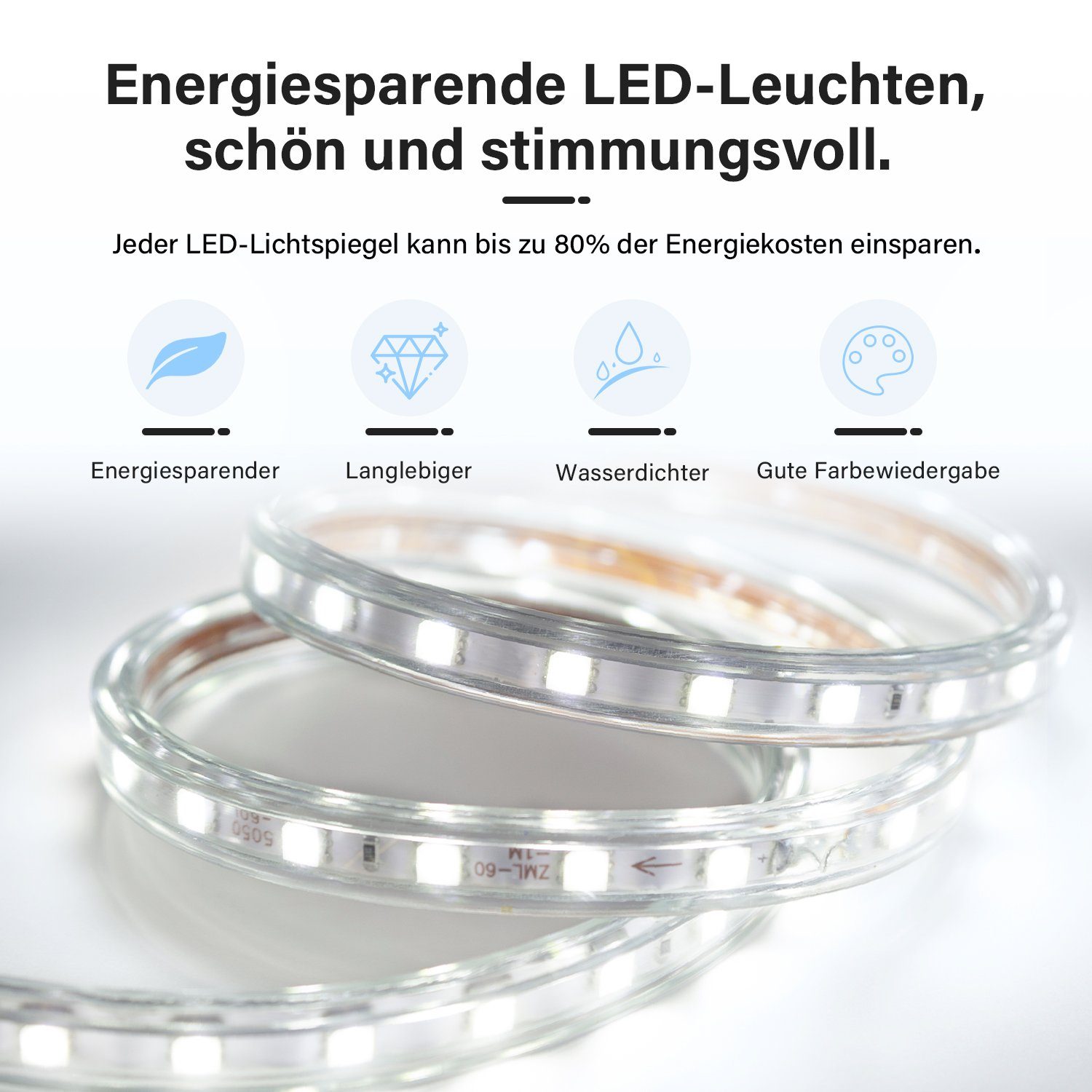 SONNI Schminkspiegel Lichtspiegel 50x60cm mit LED Beleuchtung Kaltweiß Wandschalter, Schminkspiegel,Badspiegel,Wandspiegel – Bild 5 von 5