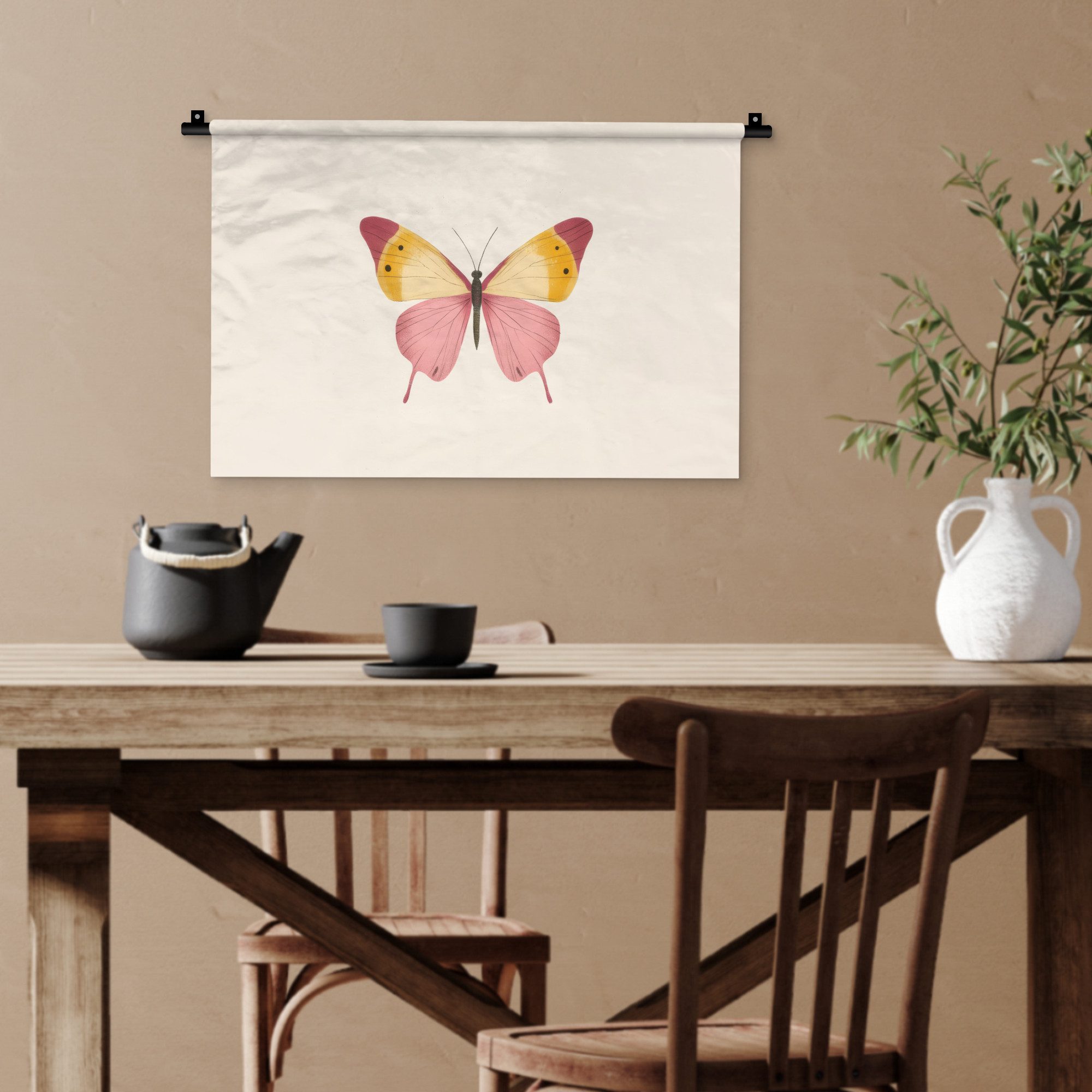 MuchoWow Wandteppich Schmetterling - Illustration - Rosa, Rechteckig, Höhe: 3 mm, Wandteppich für Wohnzimmer, Schlafzimmer, 60x40 cm