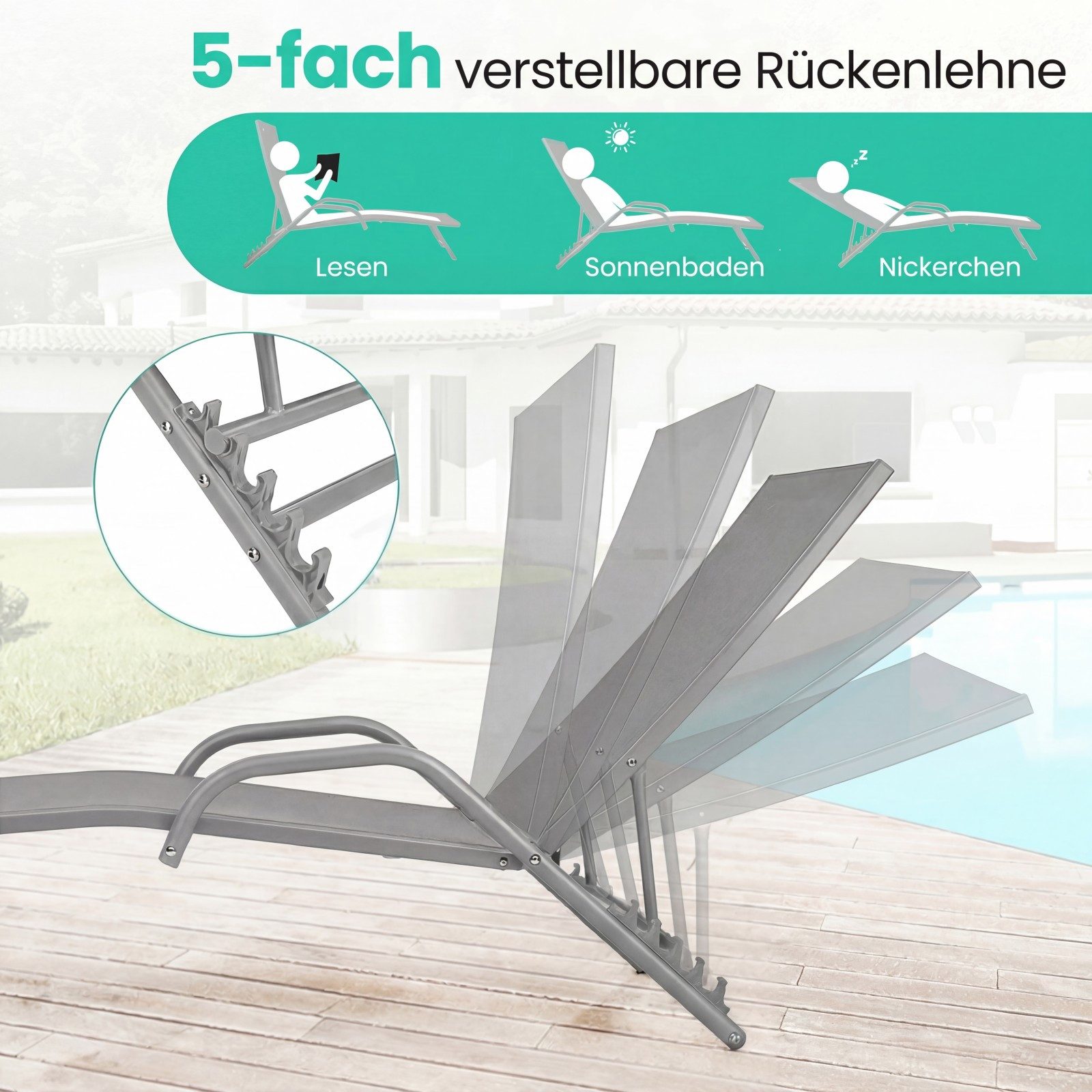 COSTWAY Gartenliege 2 TLG. Liegestuhl, 2 St., 5 Positionen verstellbar, Armlehnen