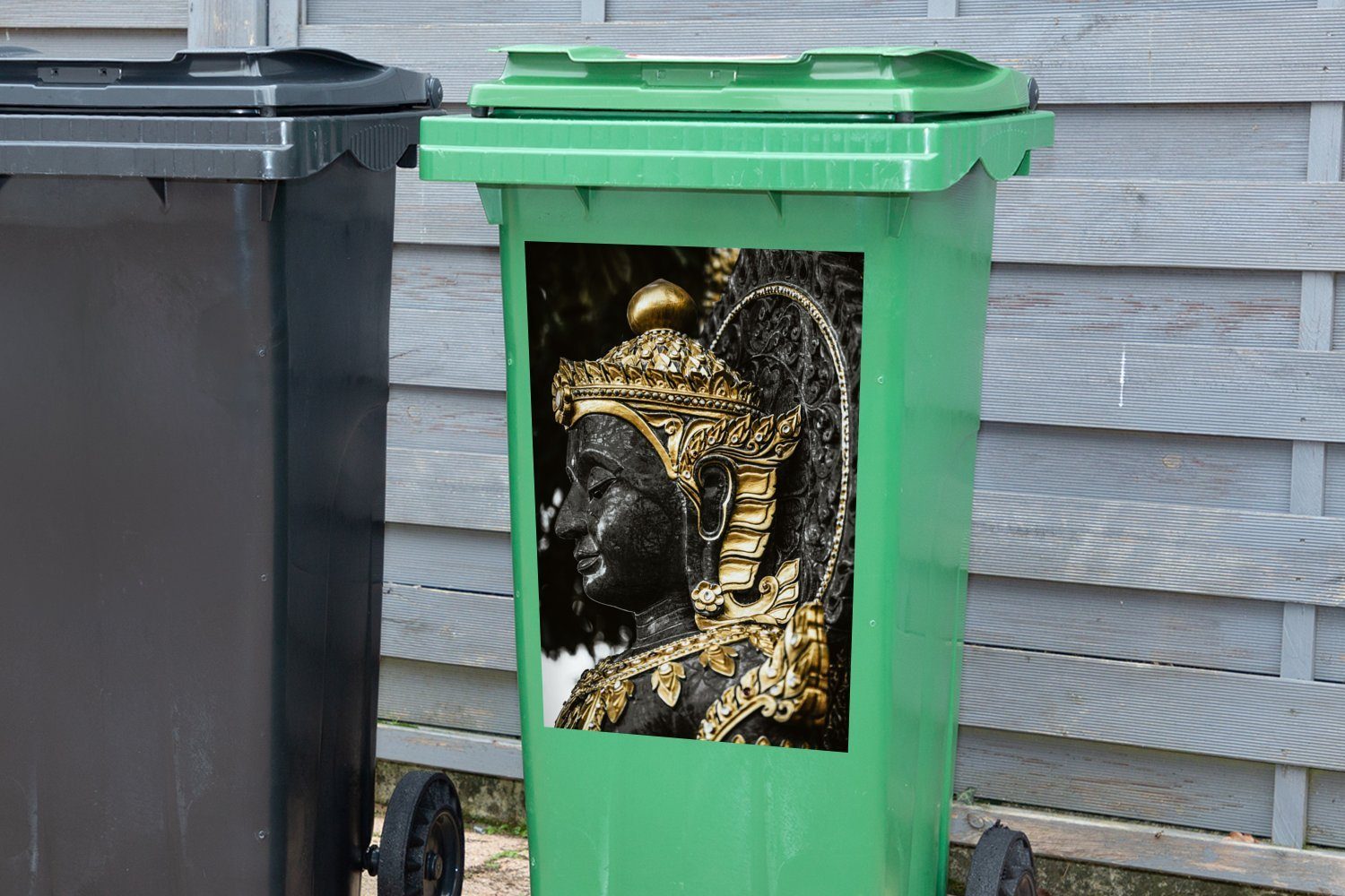 Container, Mülltonne, Mülleimer-aufkleber, (1 Buddha Wandsticker Sticker, Gold - Gesicht MuchoWow Abfalbehälter St), -