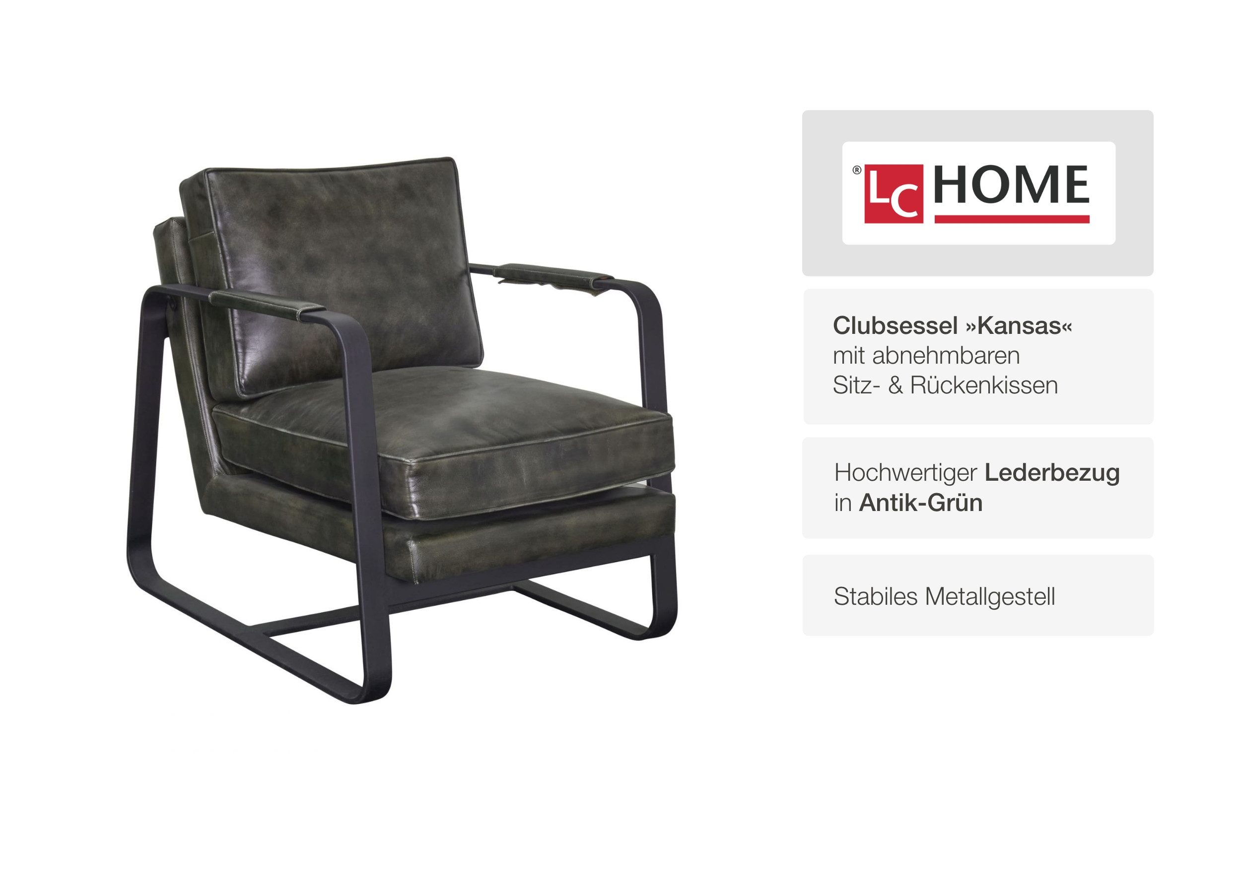 LC Home Loungesessel LC Home Ledersessel »Kansas« Leder antik-grün Industrial Clubsessel