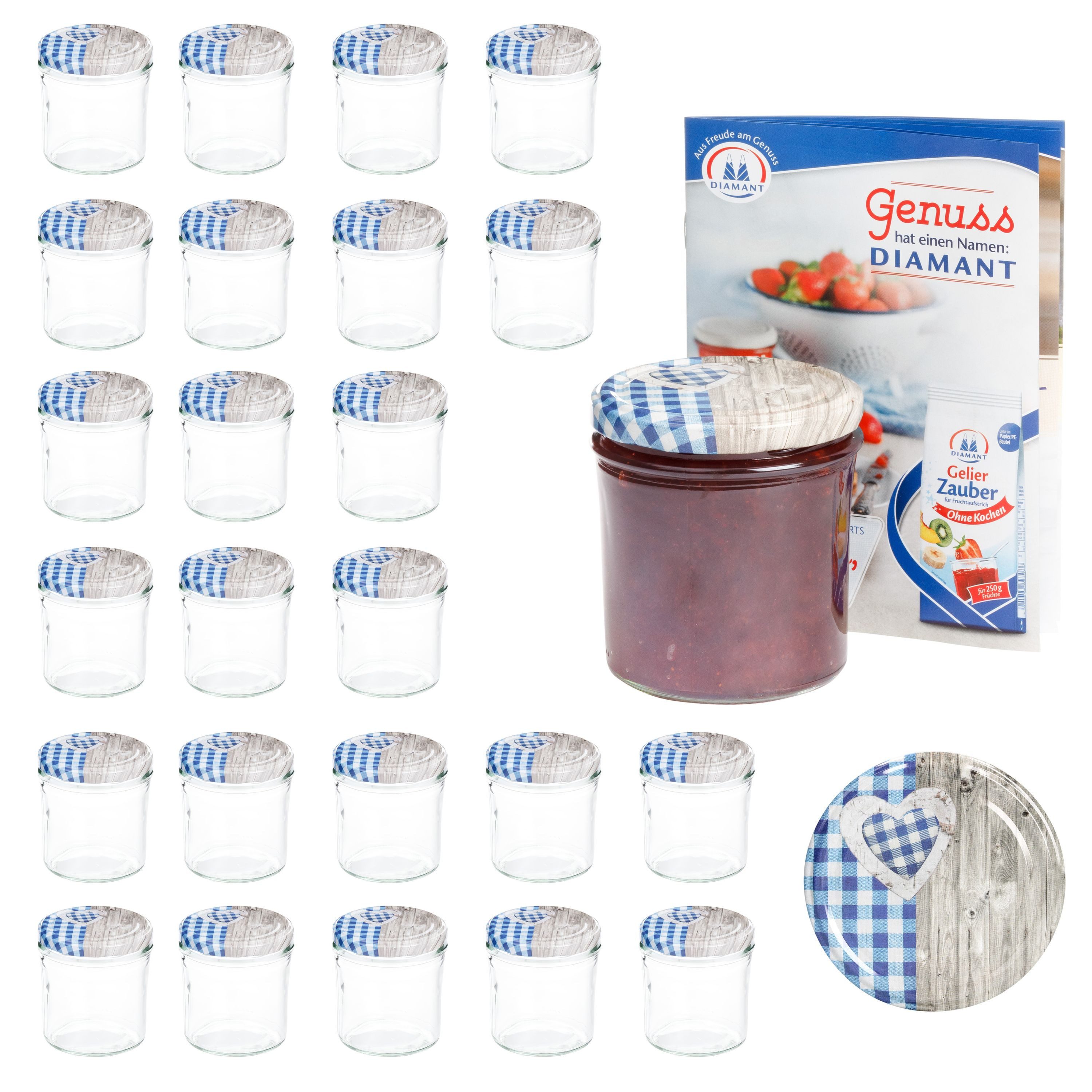 MamboCat Einmachglas 25 Sturzgläser 350 ml Deckel Herz Holz blaukariert Einmachglas, Glas