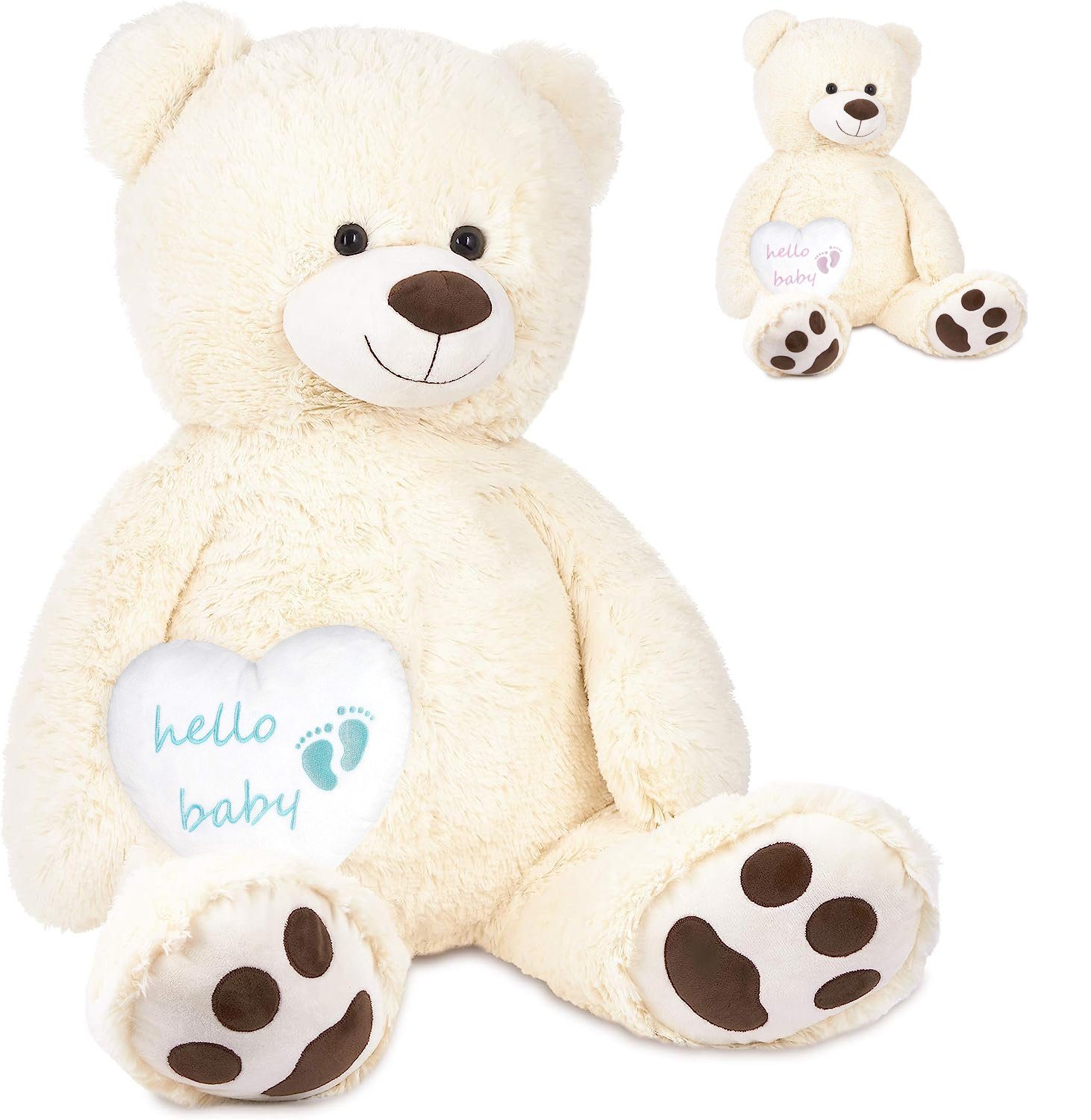 BRUBAKER Kuscheltier XXL Teddybär Weiß 100 cm mit Hello Baby Herz (Stofftier Plüschtier, 1-St), Kuscheltier Geschenk für Geburt, Babyparty, Gender Reveal