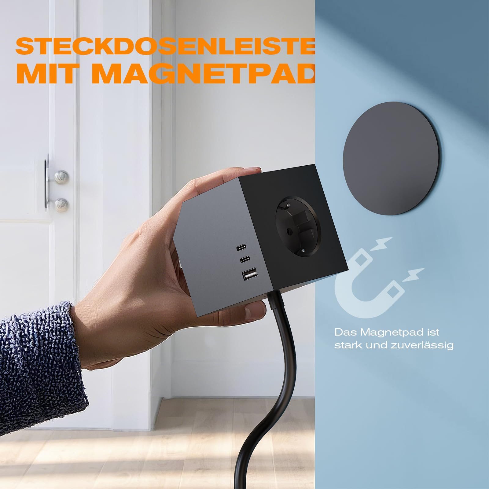 ibettertec Mehrfachsteckdose Würfel mit Magnetpad PD20W 6in1 Mehrfachsteckdose Steckdosenleiste 6-fach (USB-Anschlüsse, 3680W 16A,USB PD20W, Blitzschutz, Überlastschutz, Überspannungsschutz, Kinderschutz, Kurzsichlussschutz), mit USB Typ-C,Steckdosenleiste für Küche Büro Schlafzimmer Wohnzimmer