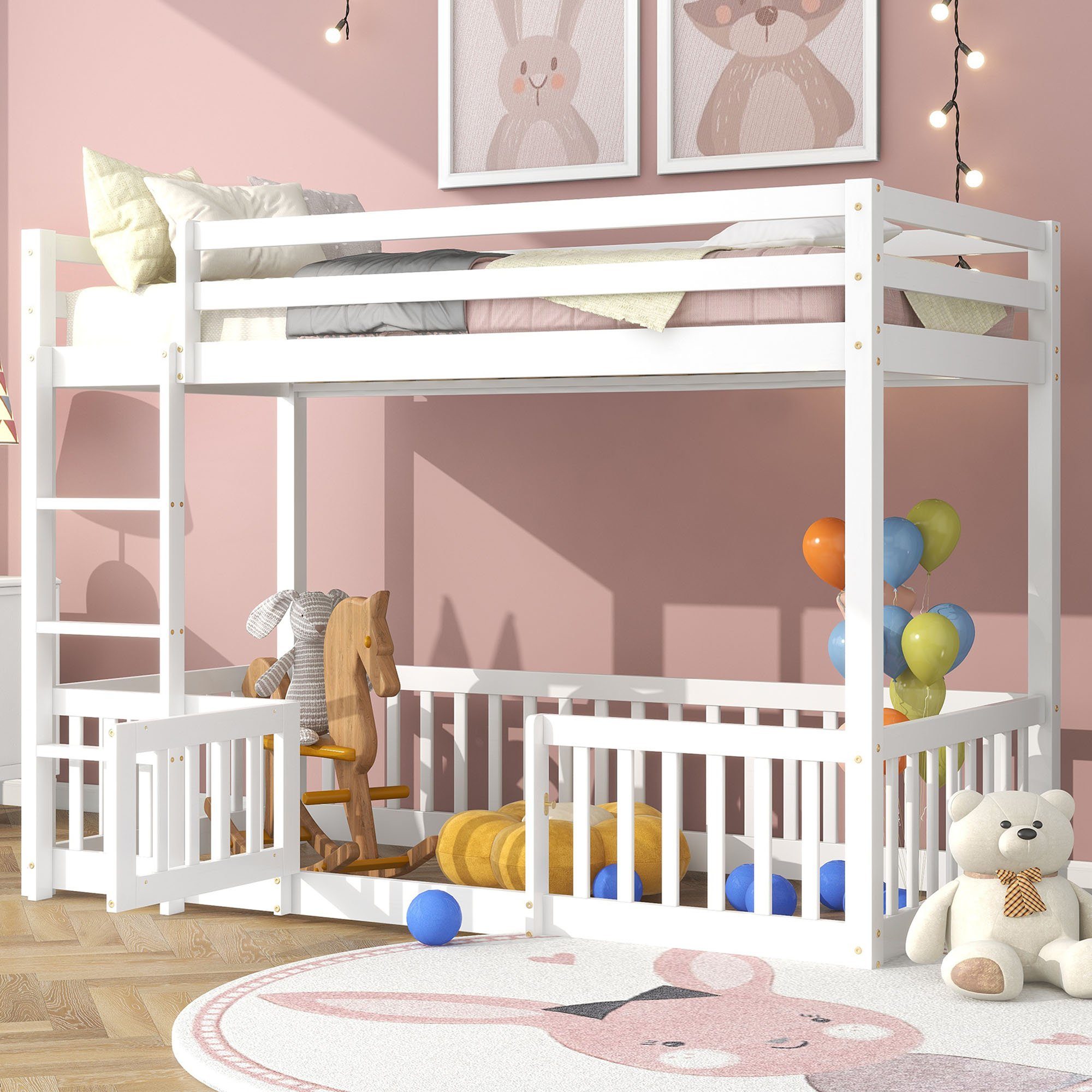 Etagenbett (Hochbett 90x200 cm mit Lattenrost und Rausfallschutz), Kinderbett mit Leiter, Zäune und Tür, aus massivem Kiefernholz