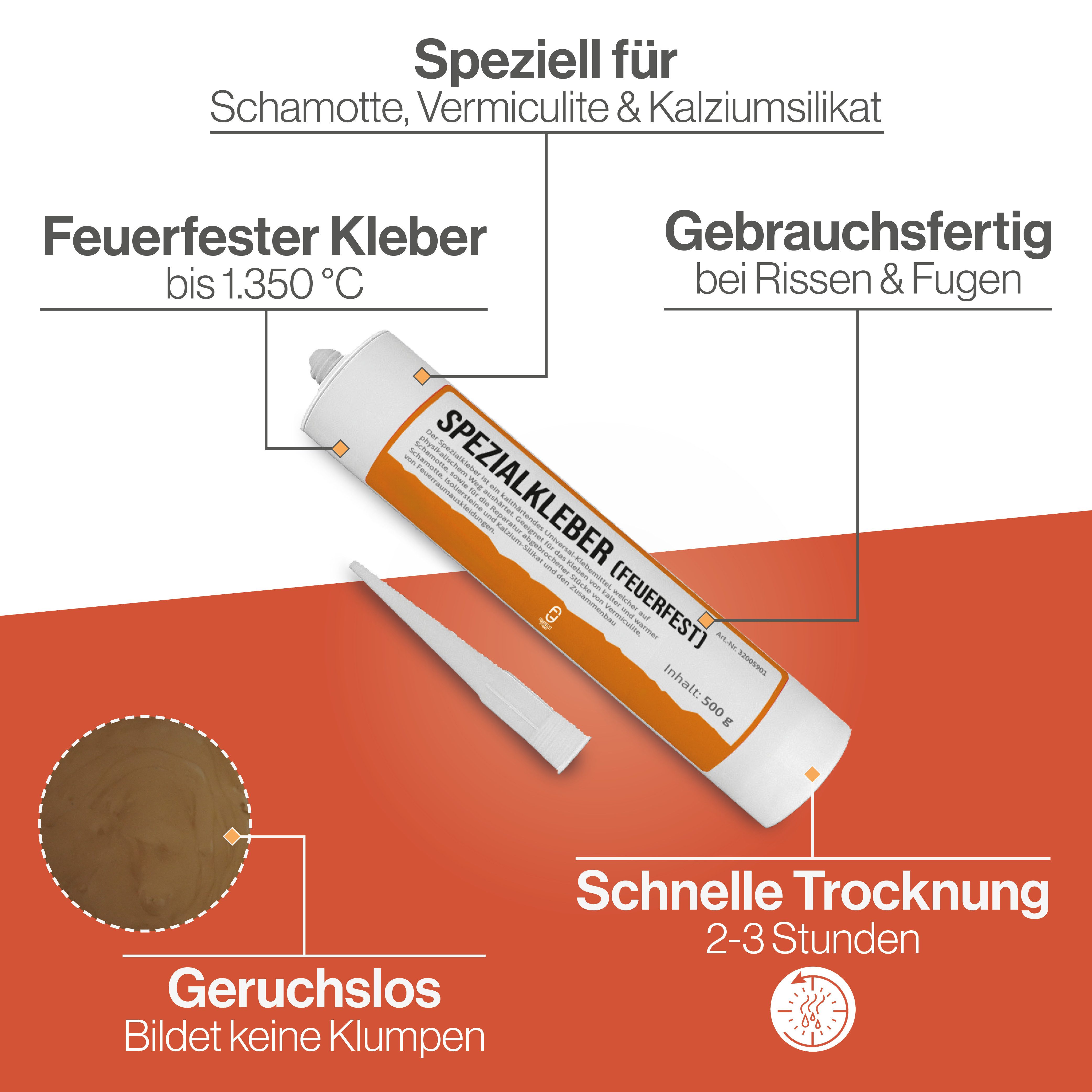 Feuerfest 123 GmbH Mörtel Universal feuerfester Spezial-Kleber, (hitzebeständig bis 1.350 °C, physikalische Trocknung), für Schamotte, Vermiculite und feuerfeste Bauteile