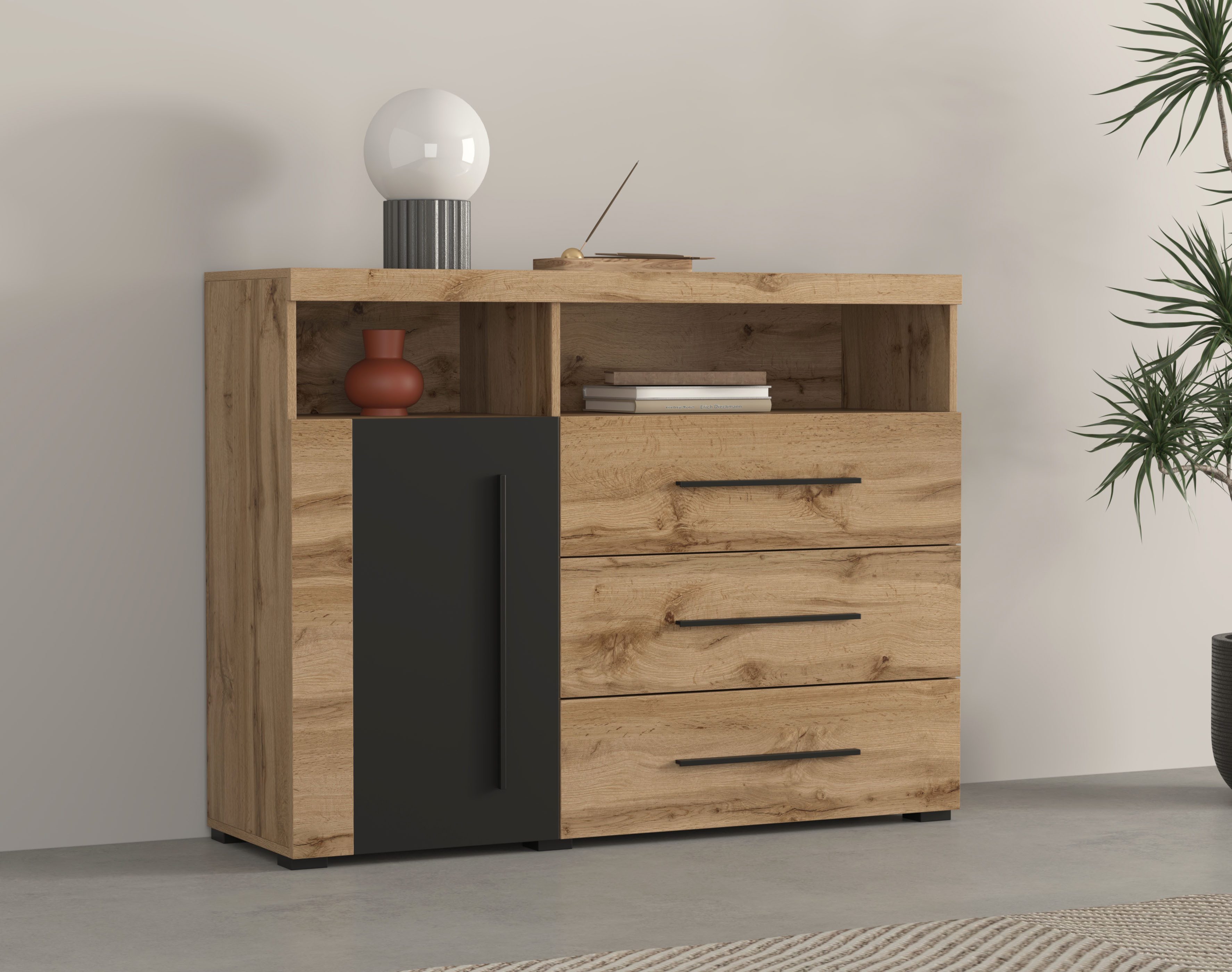 Kommode Roger,Breite 120cm, moderne Anrichte mit 3 Schubladen