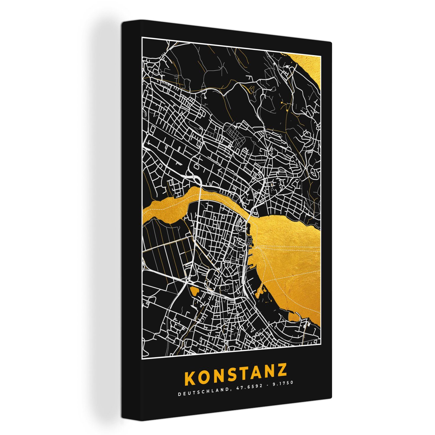 OneMillionCanvasses® Leinwandbild Konstanz - Gold - Stadtplan - Deutschland - Karte, (1 St), Leinwandbild fertig bespannt inkl. Zackenaufhänger, Gemälde, 20x30 cm
