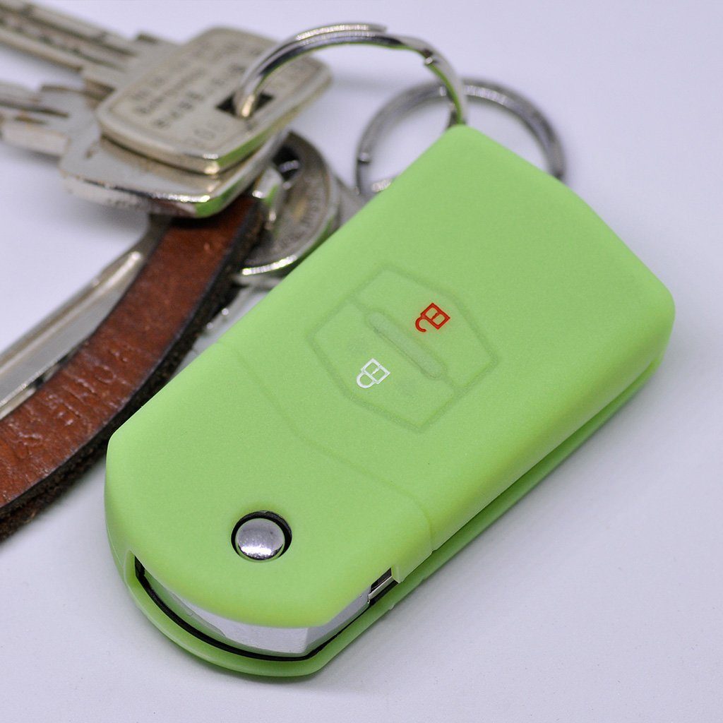 mt-key Schlüsseltasche Autoschlüssel Softcase Silikon Schutzhülle fluoreszierend Grün, für Mazda CX-7 CX-5 2 4 5 6 RX-8 2 Tasten Klappschlüssel