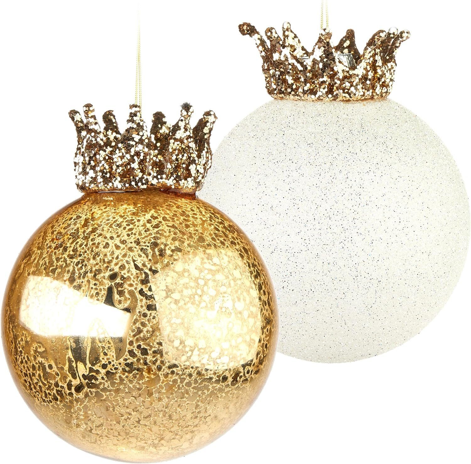 BRUBAKER Weihnachtsbaumkugel Weihnachtskugel Set - King und Queen - 2 Premium Baumkugeln aus Glas (2 St), Gold und Glitzer mit Kronen - Christbaumschmuck König/Königin