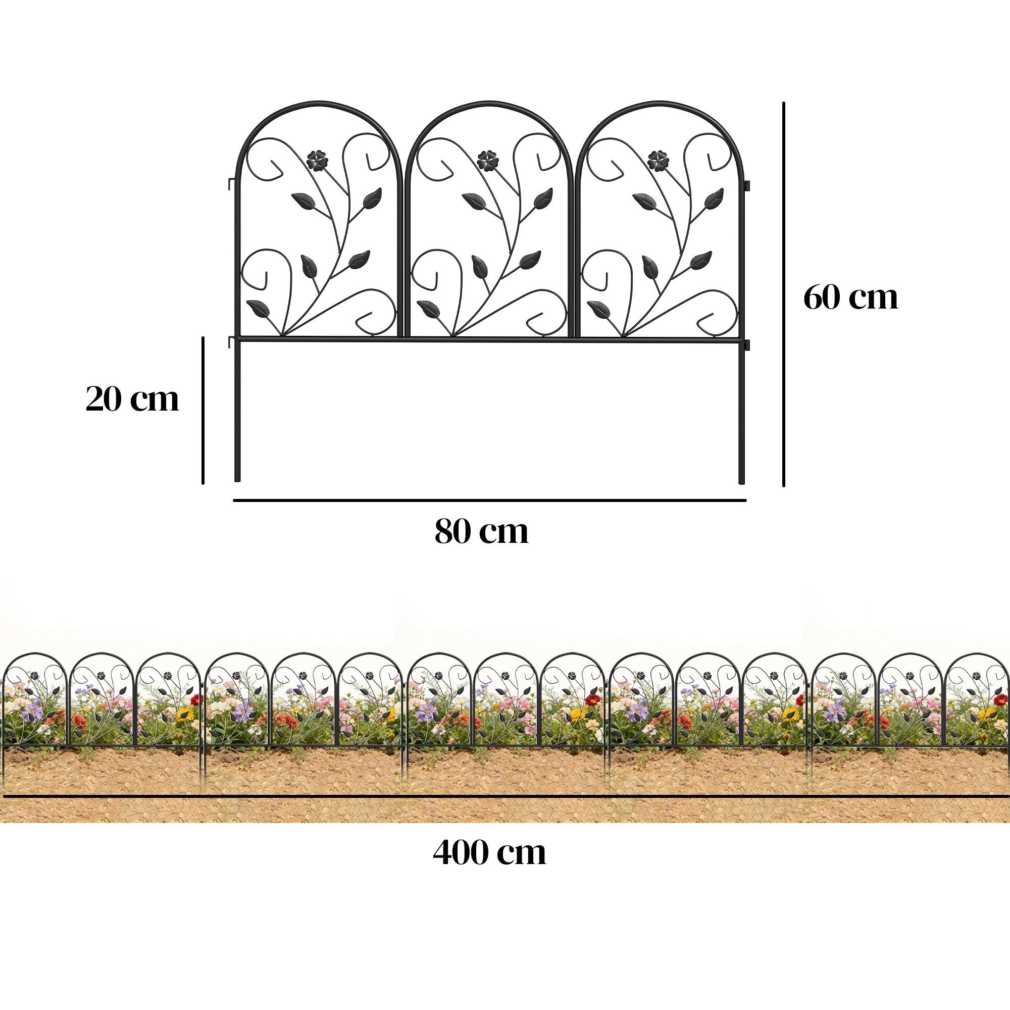 Outsunny Gartenzaun Dekorativer Gitterzaun, (Hundezaun, 5-St., Oberbogen Zaun), für Garten Blumenbeete Tierbarriere Außenbereich Schwarz
