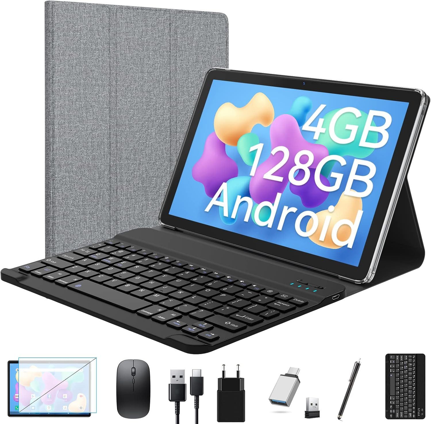 FEONAL 4GBRAM,Mit Tastatur 1080FHD,13MP+8MP Kamera,7000mAh GMS-Zertifizierung Tablet (10", 128 GB, Android, 2,4G+5G, Octa-Core Prozessor, mit HD Display 7000-mAh-Akku,Dual-Kamera)