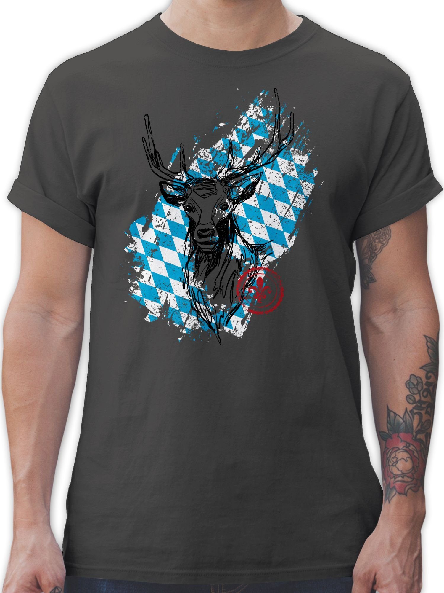 Shirtracer T-Shirt Hirsch mit bayrischem Wappen Mode für Oktoberfest Herren 1 Dunkelgrau