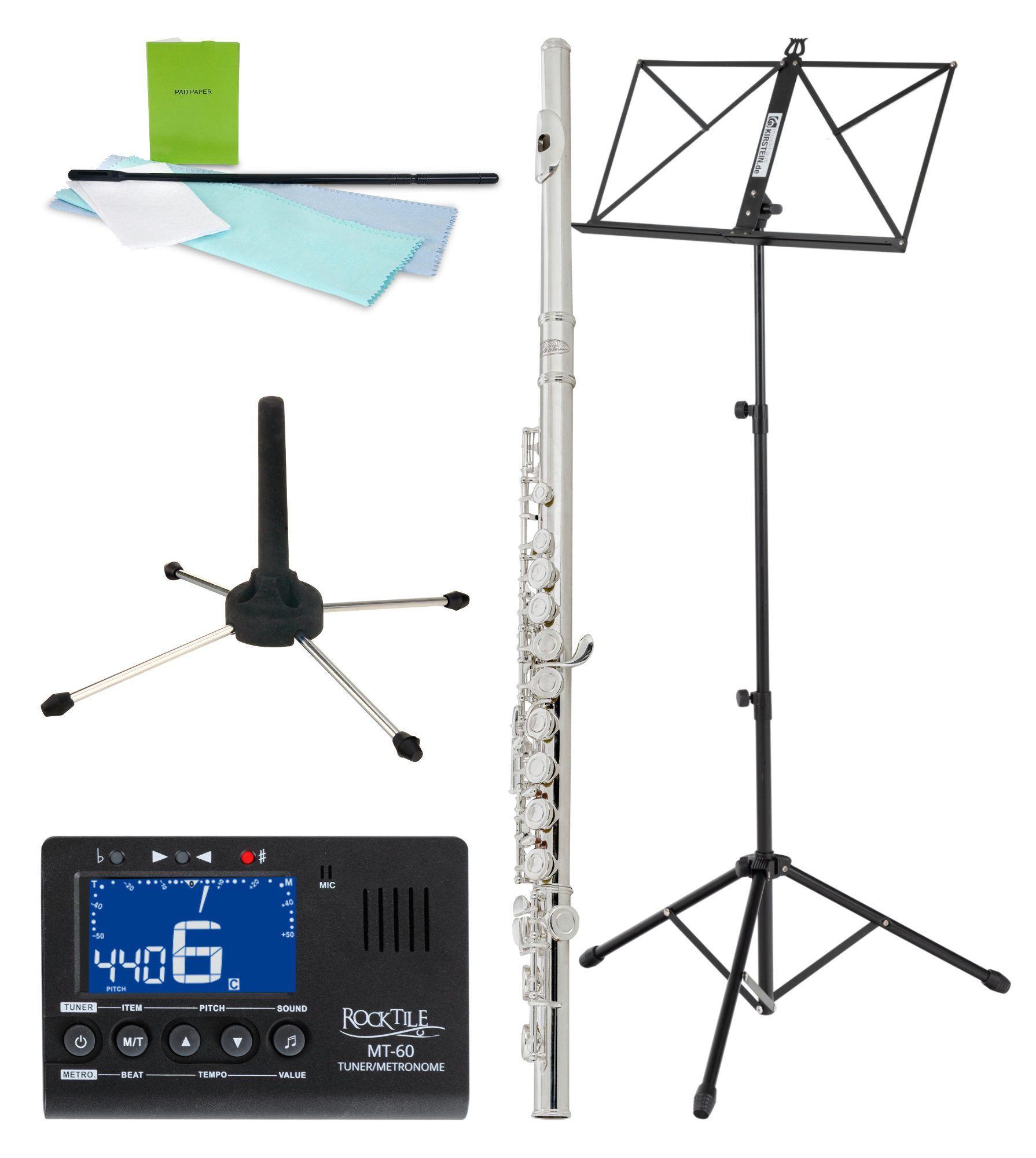 Classic Cantabile Querflöte FL-200 Querflöte komplett aus Neusilber C, inkl. Metronom, Notenständer und Флейтыständer