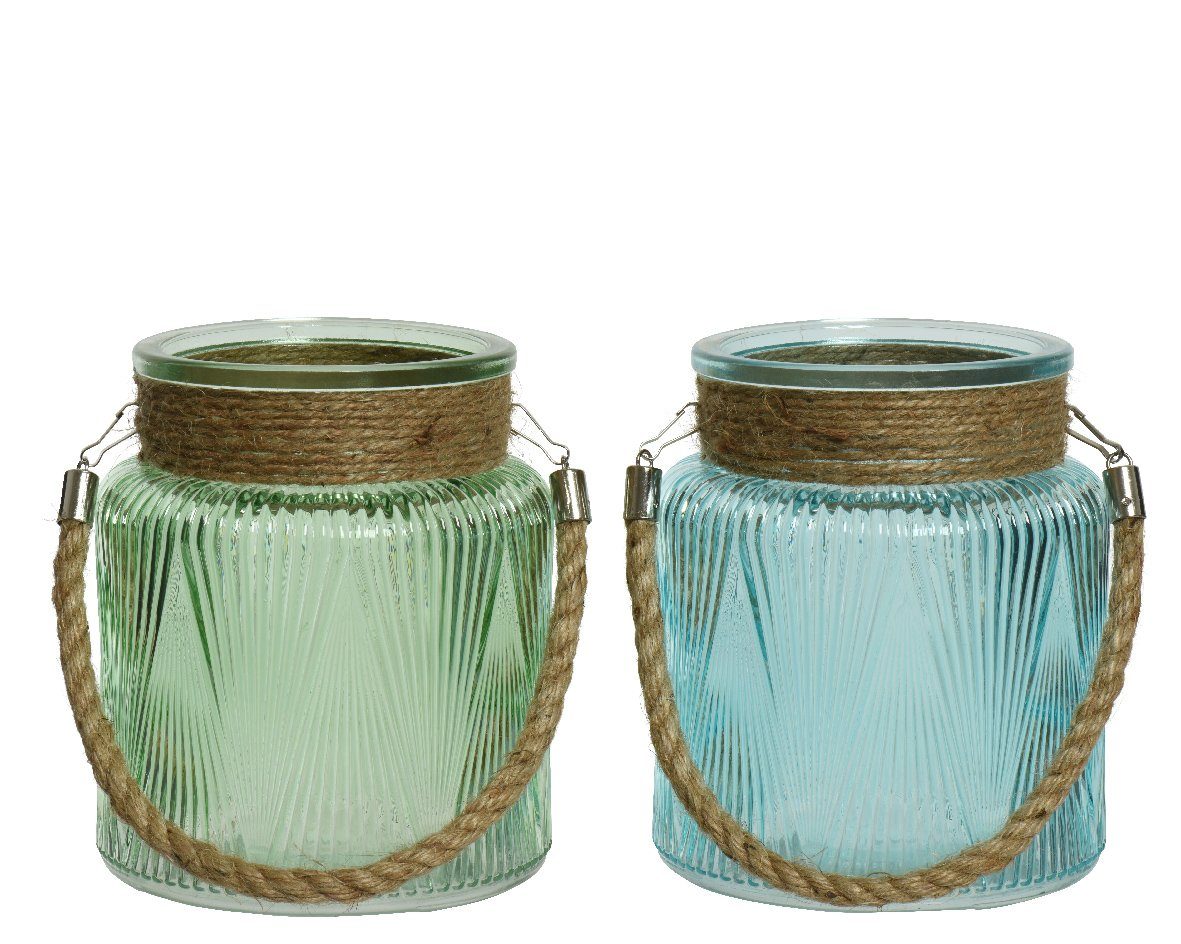 Decoris season decorations Windlicht, Windlicht Glas mit Henkel gerillt 13x15cm grün / blau 2er Set