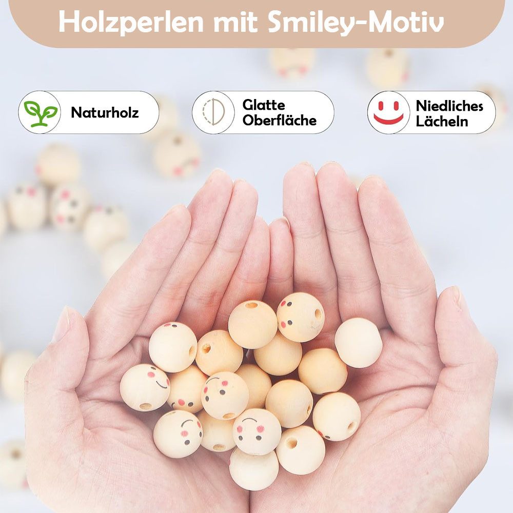 TUWENA Bastelperlen 60 Stück Holzperlen mit Gesicht, 20mm Natürliche Rund Kugel mit Loch, (60-tlg), DIY Holzkugeln Basteln Für DIY Puppenkopf, Schlüsselanhänger, Handwerk
