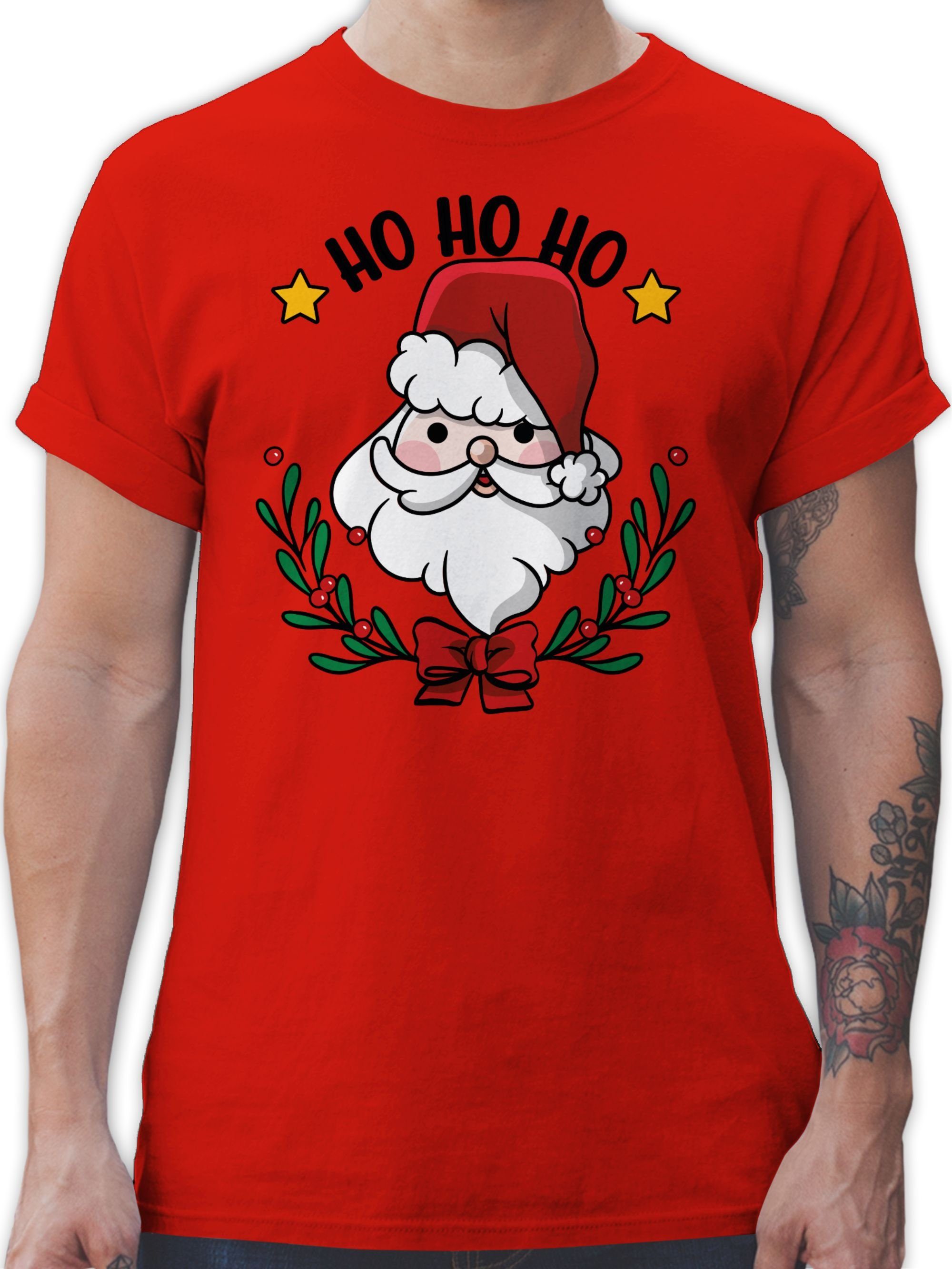 Shirtracer T-Shirt Ho Ho Ho mit Weihnachtsmann und Weihnachtsschmuck Weihachten Kleidung 03 Rot