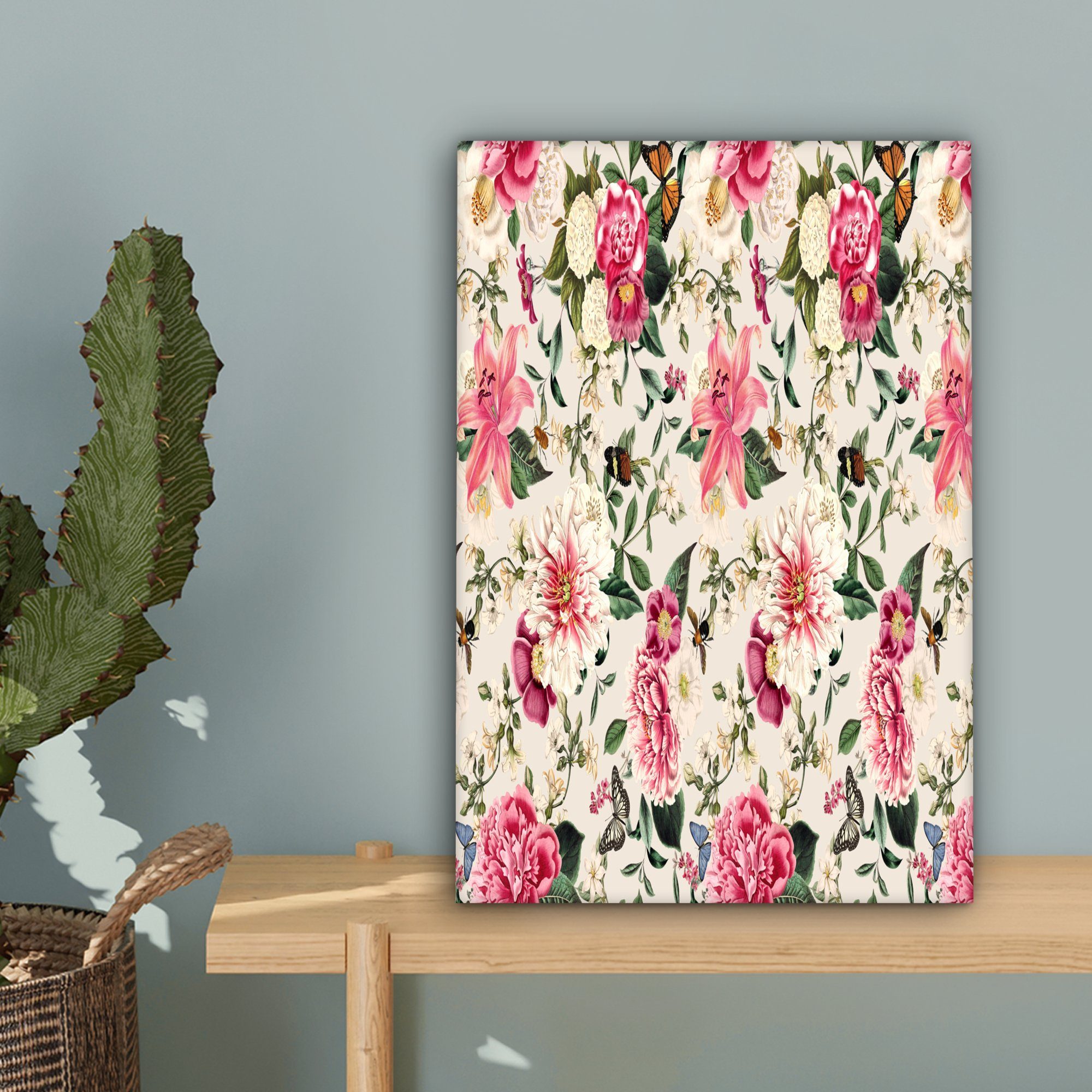 Gemälde, cm - Rosa Leinwandbild St), Muster, 20x30 bespannt Zackenaufhänger, Lilie Blumen OneMillionCanvasses® - - inkl. (1 fertig Leinwandbild