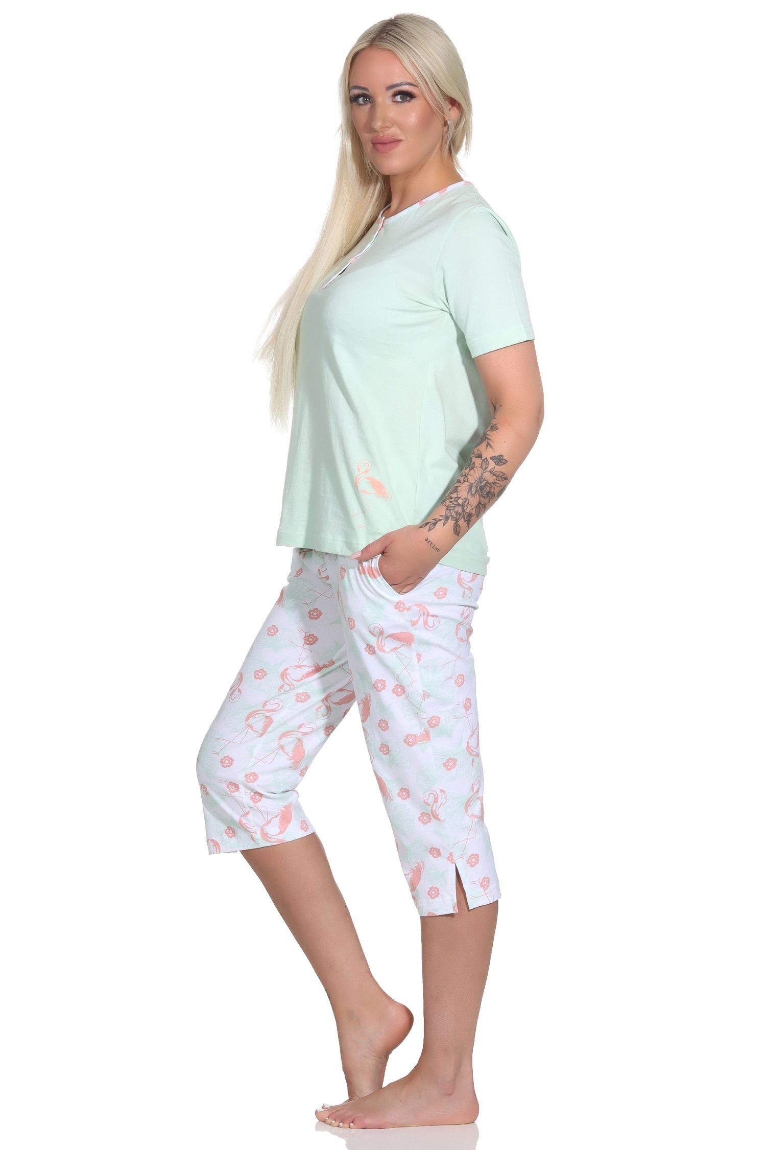 Capri kurzarm Pyjama Schlafanzug Motiv Flamingo Pyjama Damen Normann mit grün