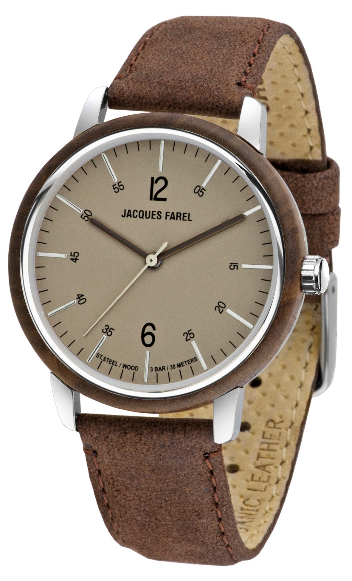 Jacques Farel Quarzuhr ORW1002 nachhaltige Damen Armbanduhr Stahlgehäuse Holzring Lederband 3 bar, Analog Dunkelbraun Grau Holzuhr Geschenk Frauen Ø38 mm
