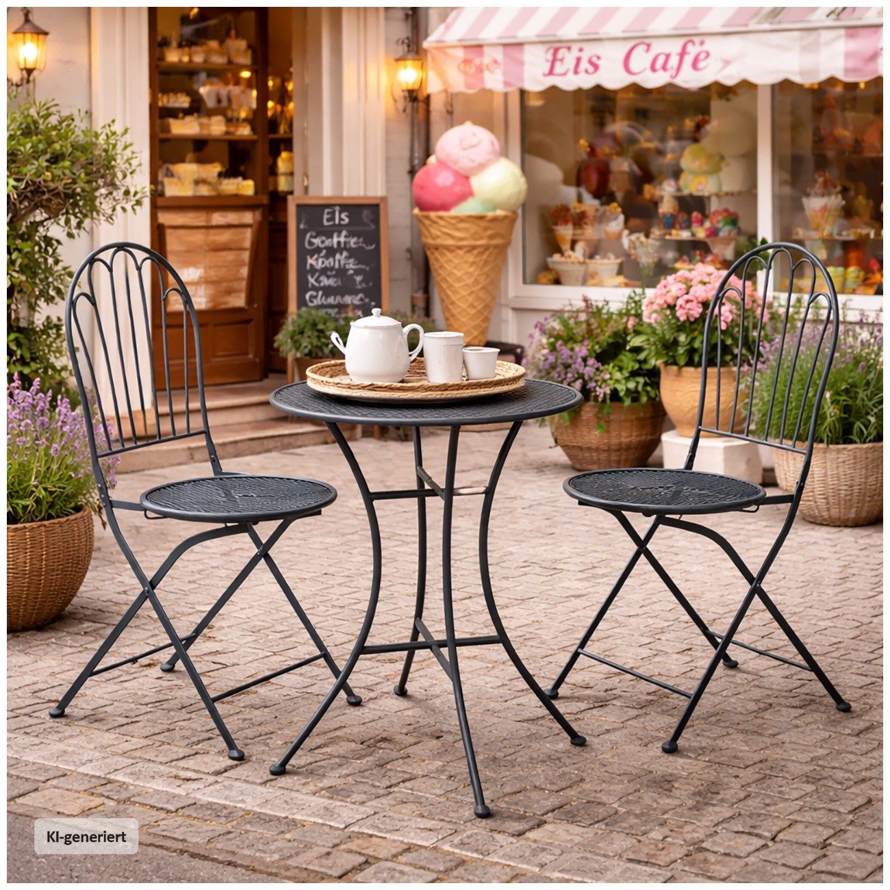 HTI-Living Garten-Essgruppe Bistro Set mit Tisch und 2 Stühlen Ivo Blau Metall für Balkon Terrasse, (Set, 3-tlg., 1 Tisch 2 Stühle), Sitzgruppe Essgruppe Balkon – Bild 3 von 5