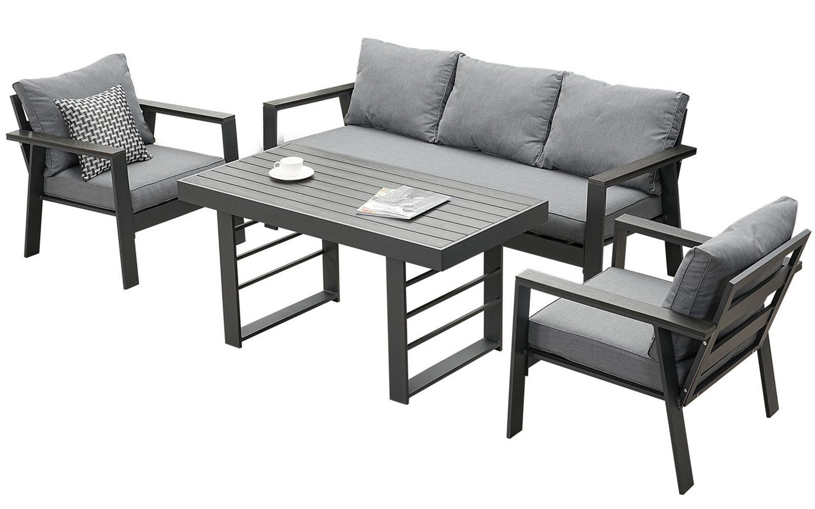 MeXo Gartenlounge-Set Aluminium 5-6 Personen, (Wetterfestes Gartenmöbel Set, mit Dicken Kissen & Großem Esstisch, 4-tlg., Belastbarkeit pro Sitzplatz 140kg), Gemütliche Sitzgruppe für Terrasse, Balkon & Garten