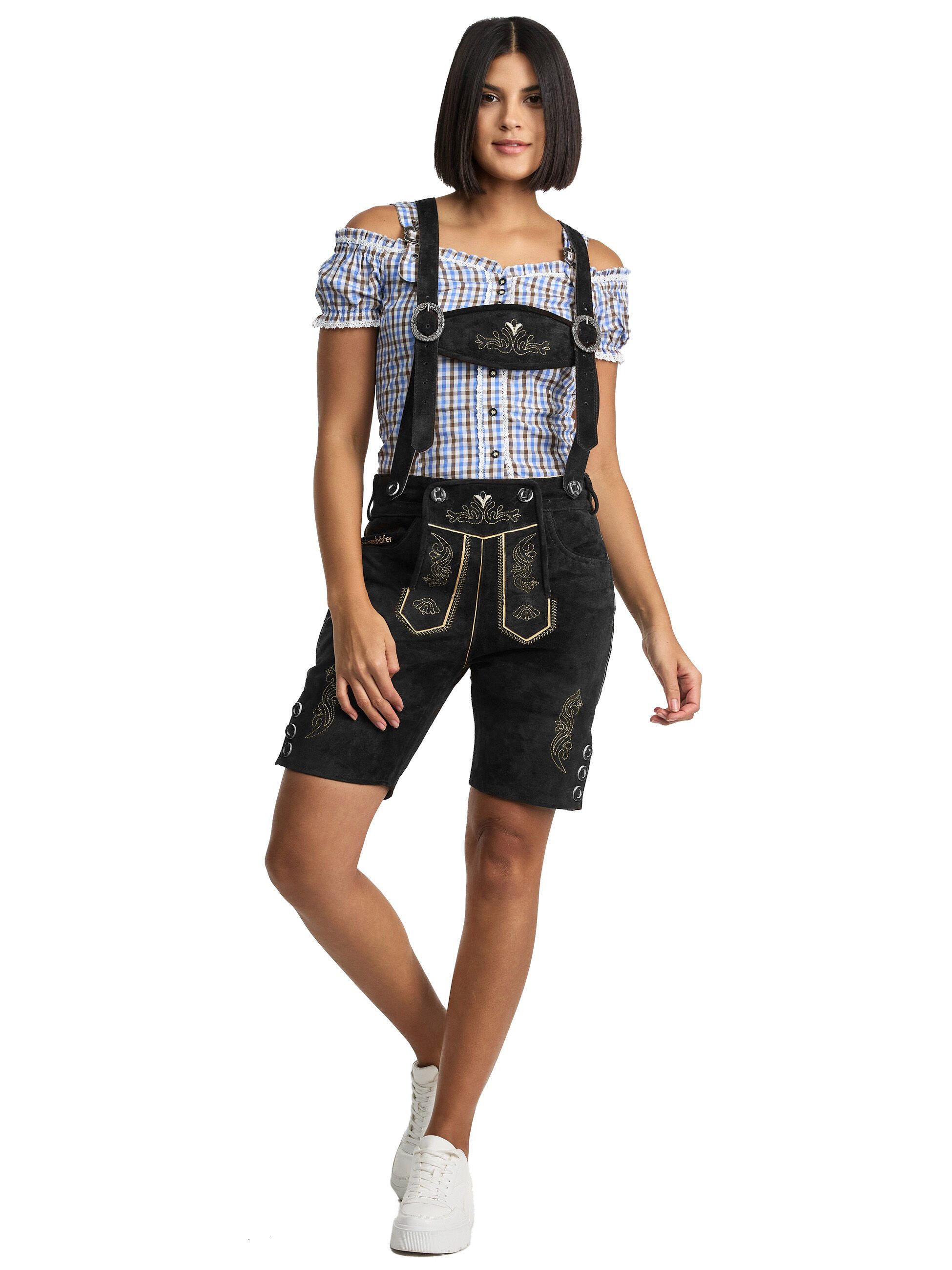 Steigenhöfer Manufaktur Trachtenlederhose Lederhose Damen Shorts - 100% Rindsleder - Kurze Hose für Frauen (Inklusive verstellbaren Trägern) Traditionelles Design - Mit Gürtelschlaufe - Dirndl Alternative