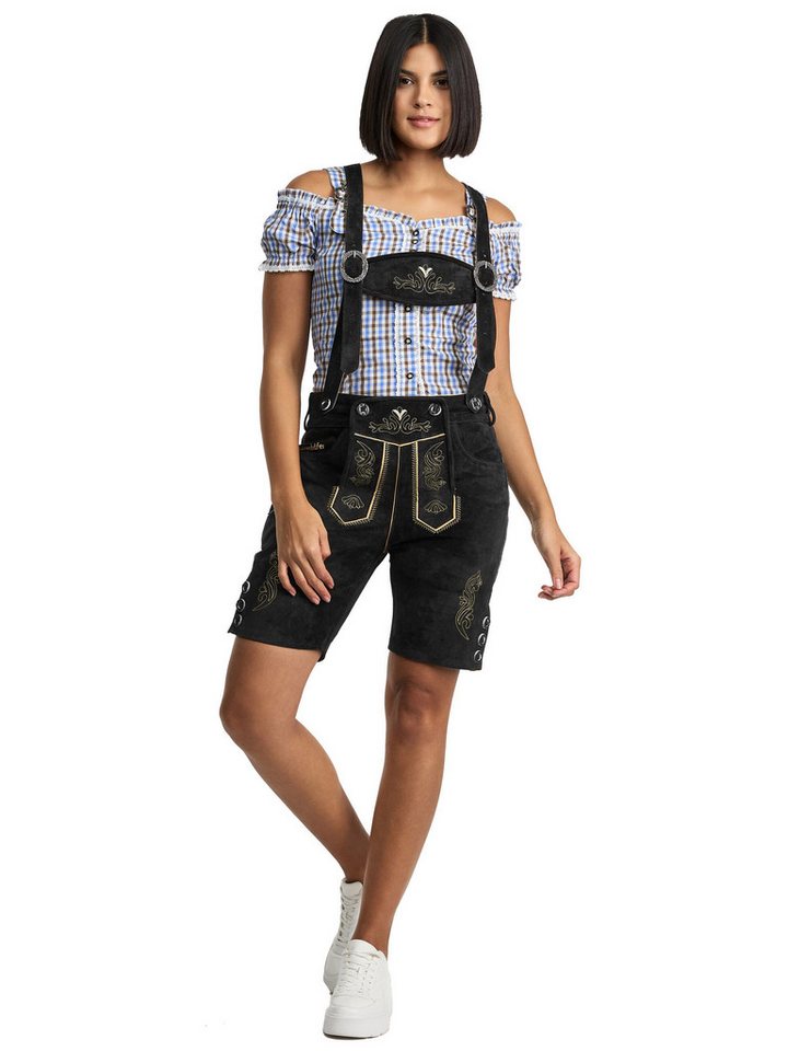 Steigenhöfer Manufaktur Trachtenlederhose Lederhose Damen Shorts - 100% Rindsleder - Kurze Hose für Frauen (Inklusive verstellbaren Trägern) Traditionelles Design - Mit Gürtelschlaufe - Dirndl Alternative