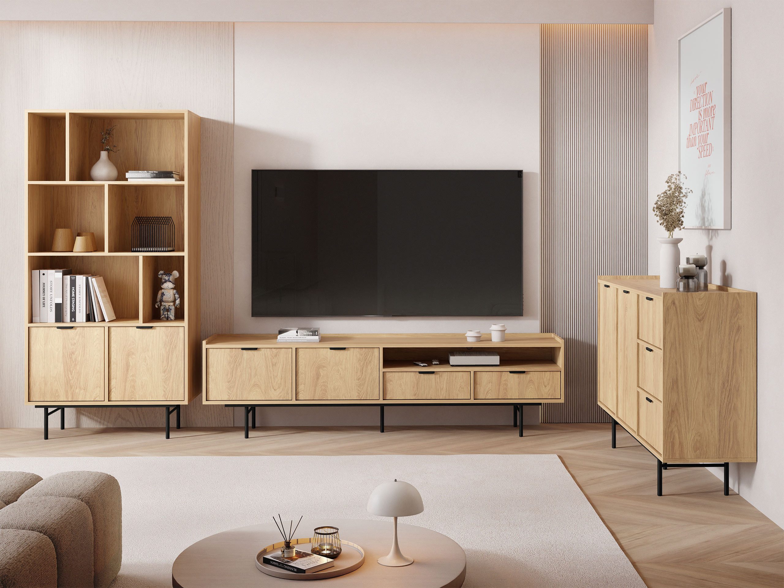 MIRJAN24 Wohnzimmer-Set Edison I, (3er-Set, Kommode, Regal, TV-Lowboard), Metallfüße in der Farbe Schwarz