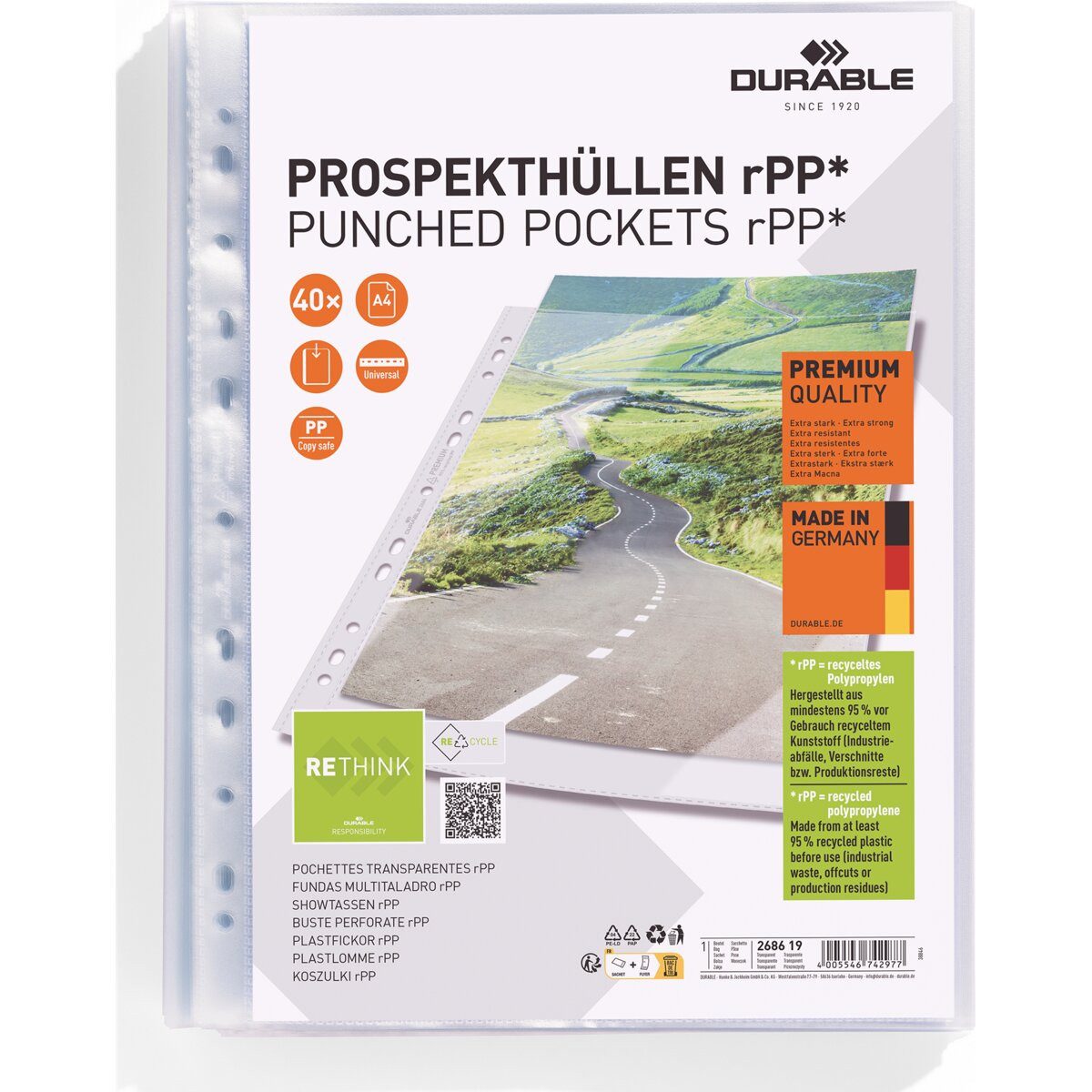 DURABLE Prospekthülle Prospekthülle PREMIUM A4 rPP 40 Stück (25 Stück)