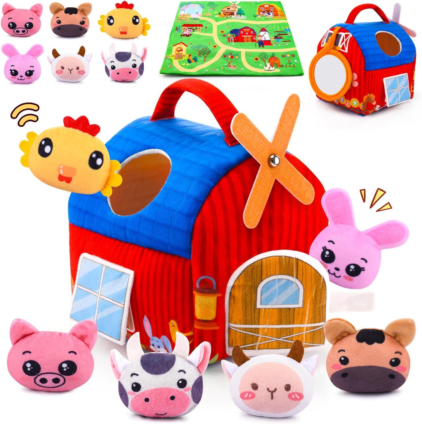 Auney Montessori Babyspielzeug Farm Tiere Set mit Scheune und Rassel (Montessori Babyspielzeug Set Tiere Scheune Rassel und Spiegel, Babyspielzeug Set Tiere Scheune Rassel Spiegel Montessori Set), Babyspielzeug Farm Set mit Tieren Scheune Rassel und Spiegel