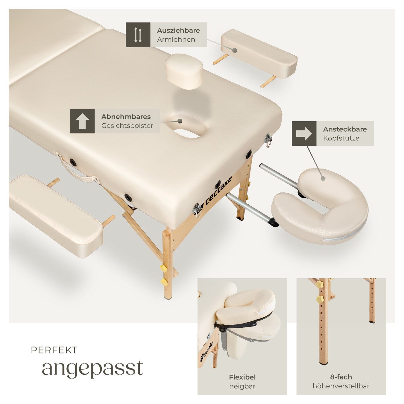 tectake Massageliege Massagetisch klappbar mit 7,5 cm Polsterung, Holzgestell, Zubehör (Set, 1-St., mit Tragetasche), Höhenverstellung und abnehmbare ergonomische Kopf- und Armablagen