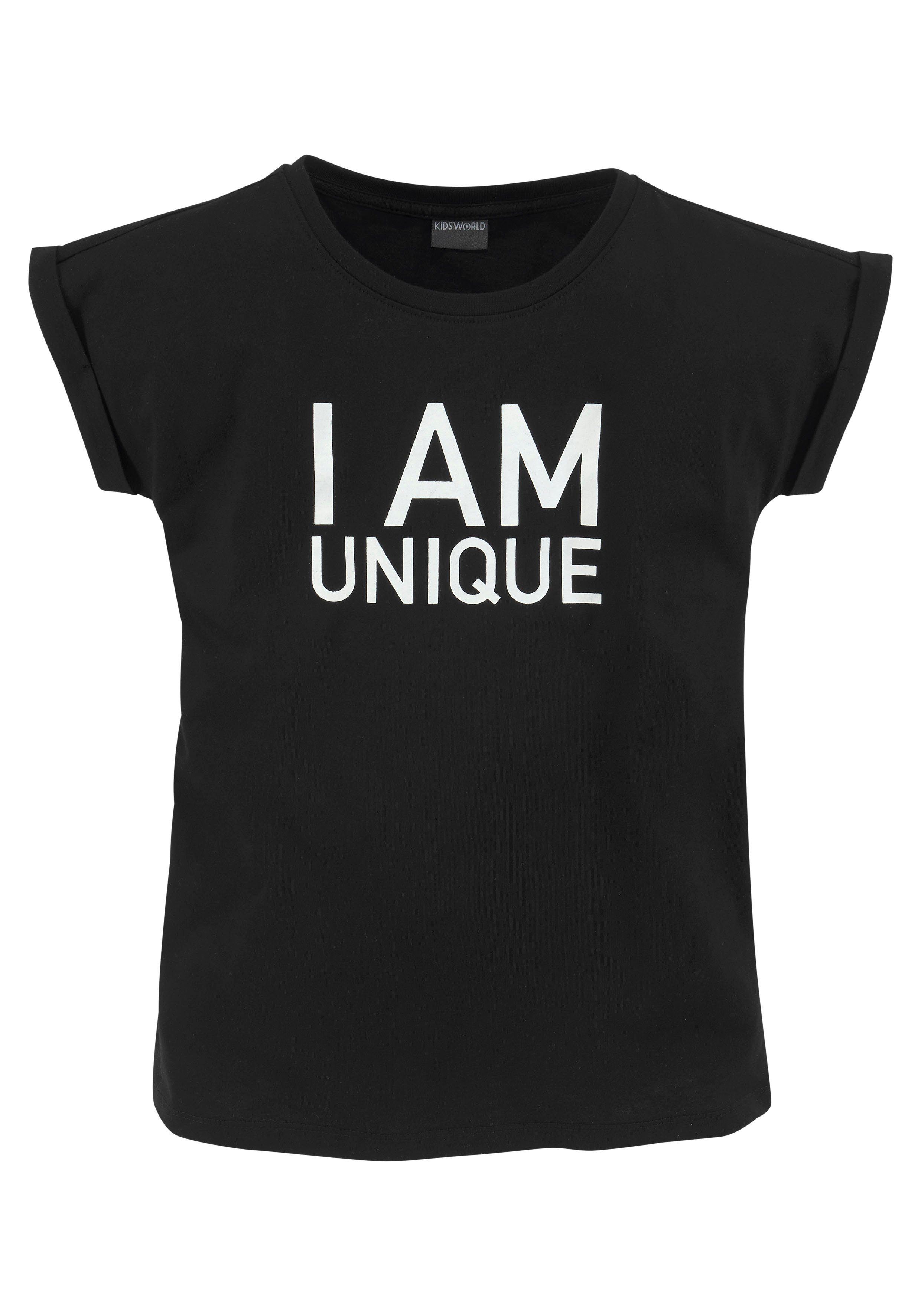 KIDSWORLD T-Shirt Mit Spruch: I AM UNIQUE kurzärmelig, weit geschnitten, bedruckt, Rundhalsausschnitt. Reduzierter Preis € 8,99. Unverbindliche Preisempfehlung € 9,99, (€ 8,99 pro 1 Stk)