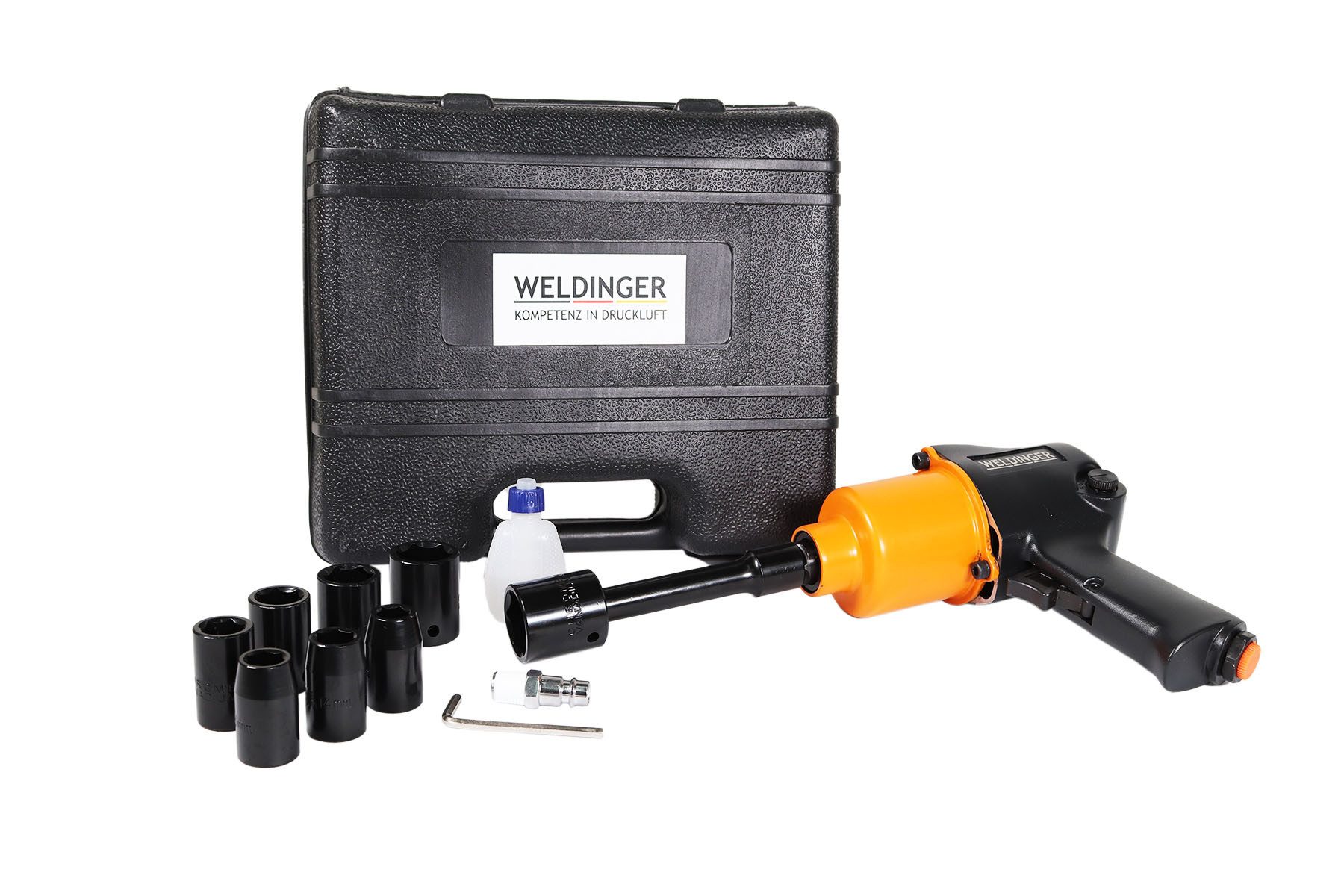 WELDINGER Druckluft-Schlagschrauber Druckluft Schlagschrauber pro Nüsse CV-Stahl Koffer Schlagkraft 550 Nm, 550 Nm, (Set), Schlagnüsse aus CV-Stahl in 9-10-11-13-14-17-19-22-24mm