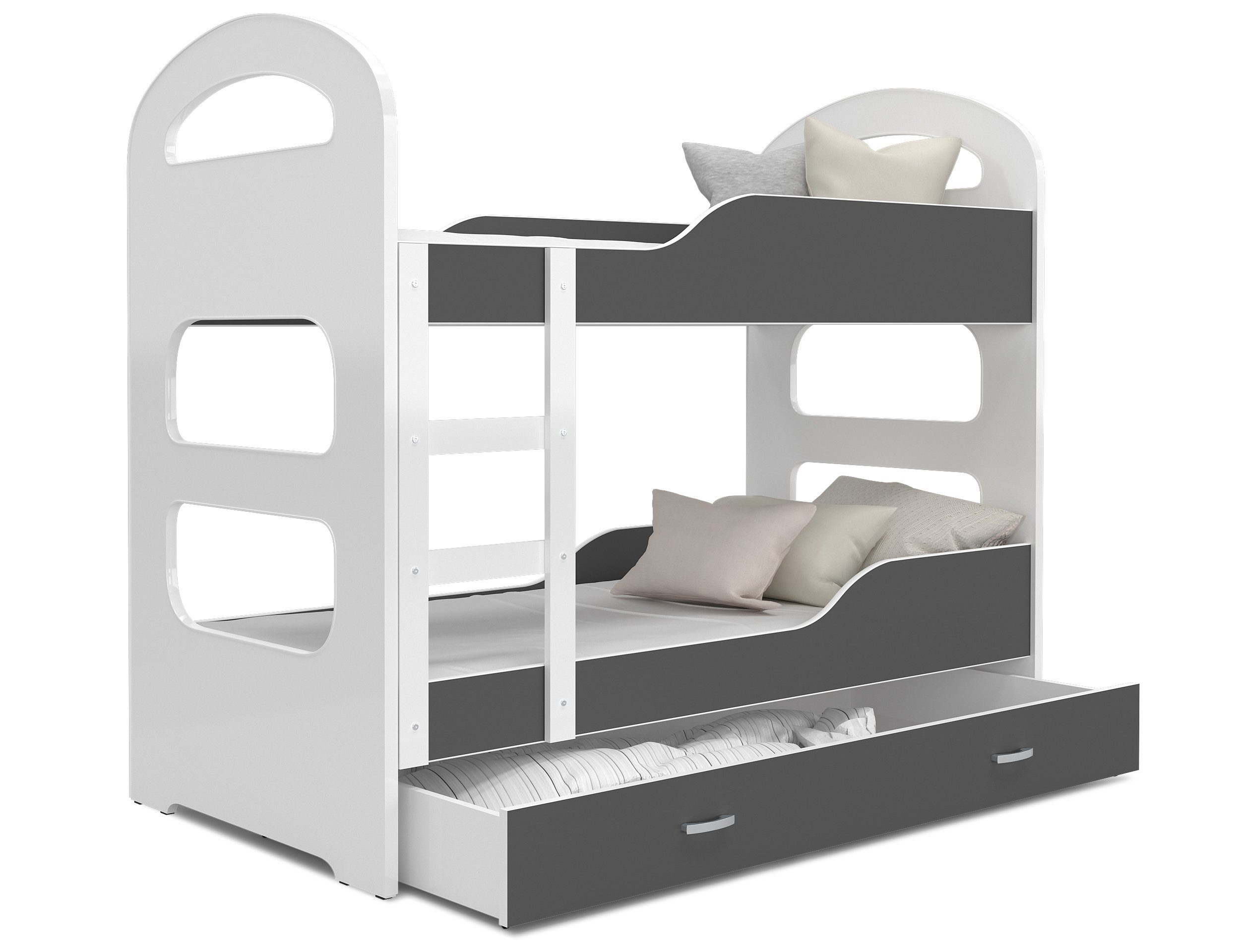 Siblo Kinderbett Grau Bubu Lattenrost, (Flexibler und Möbelplatte Schublade, Sicherheitsbarriere), Massivholz, Weiß