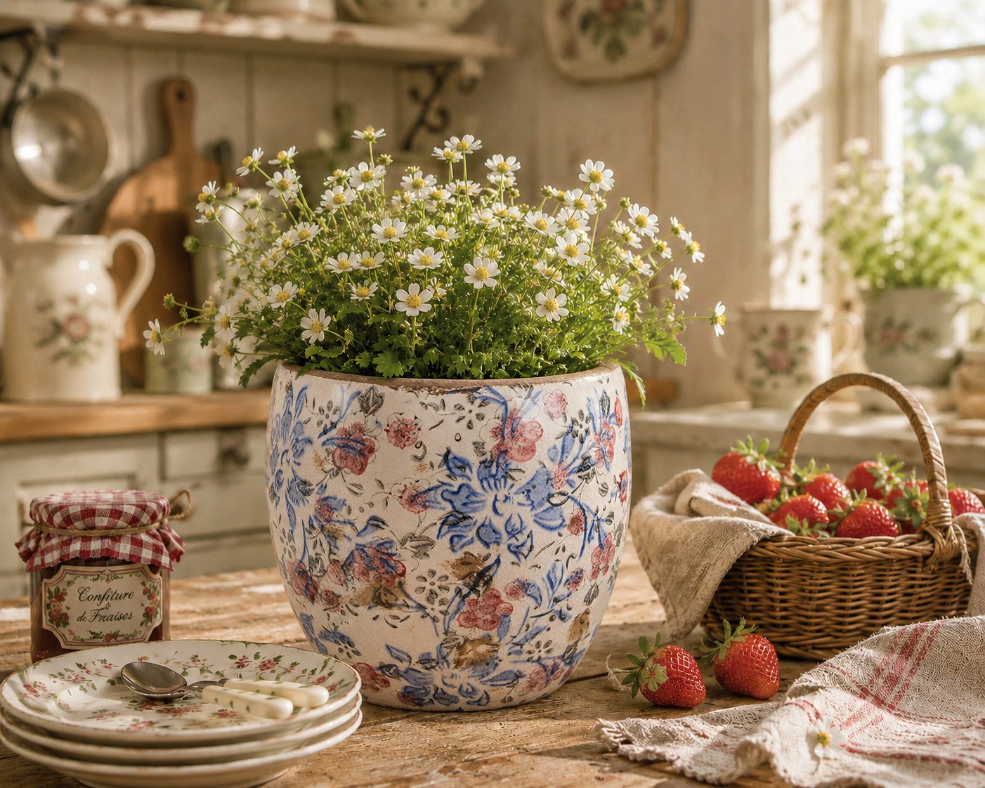 Clayre & Eef Dekovase Clayre & Eef Innenblumentopf Blau Beige mit Blumenmotiv