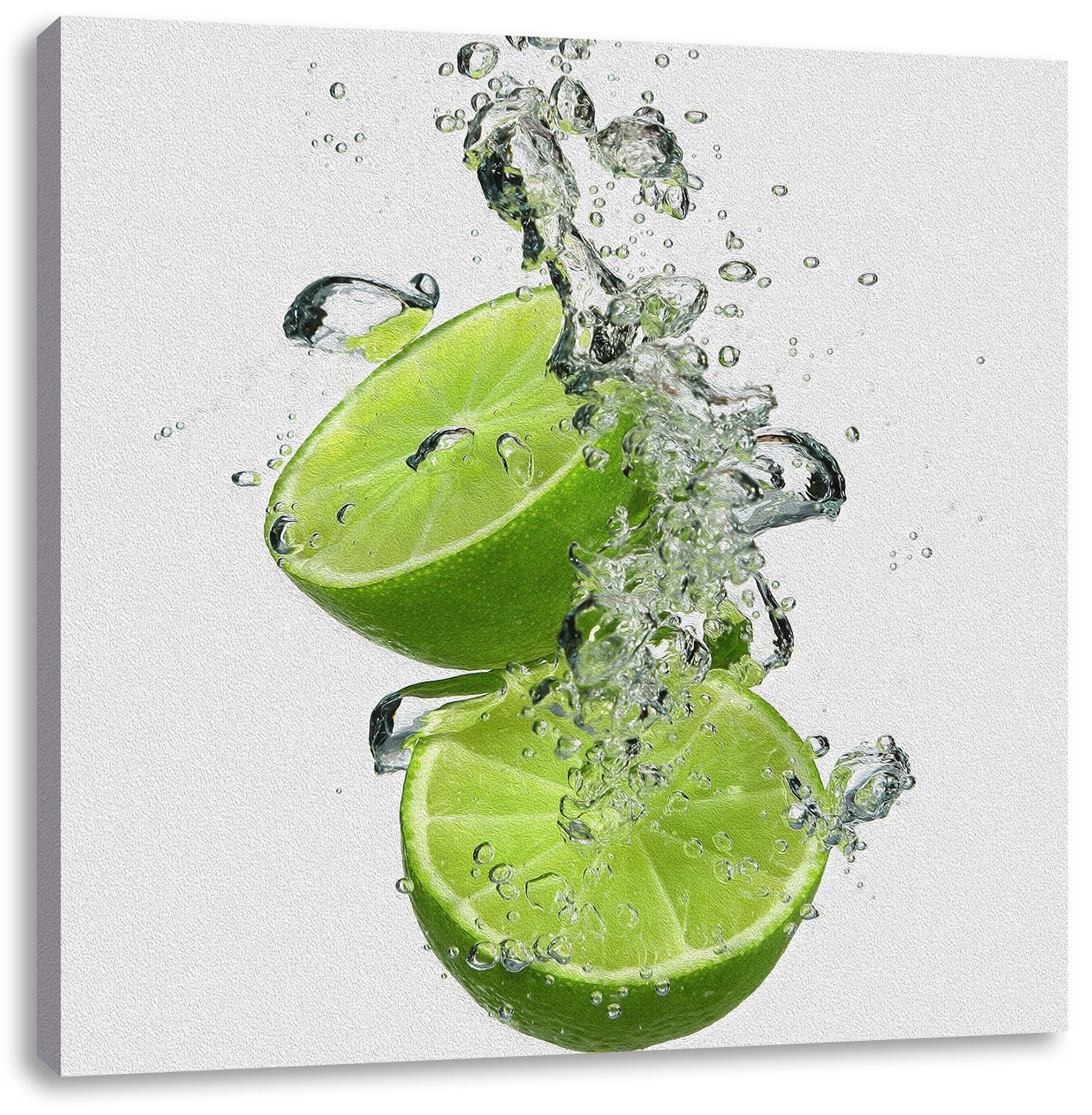 Pixxprint Leinwandbild Leckere grüne Limetten im Wasser, Leckere grüne  Limetten im Wasser (1 St), Leinwandbild fertig bespannt, inkl.  Zackenaufhänger