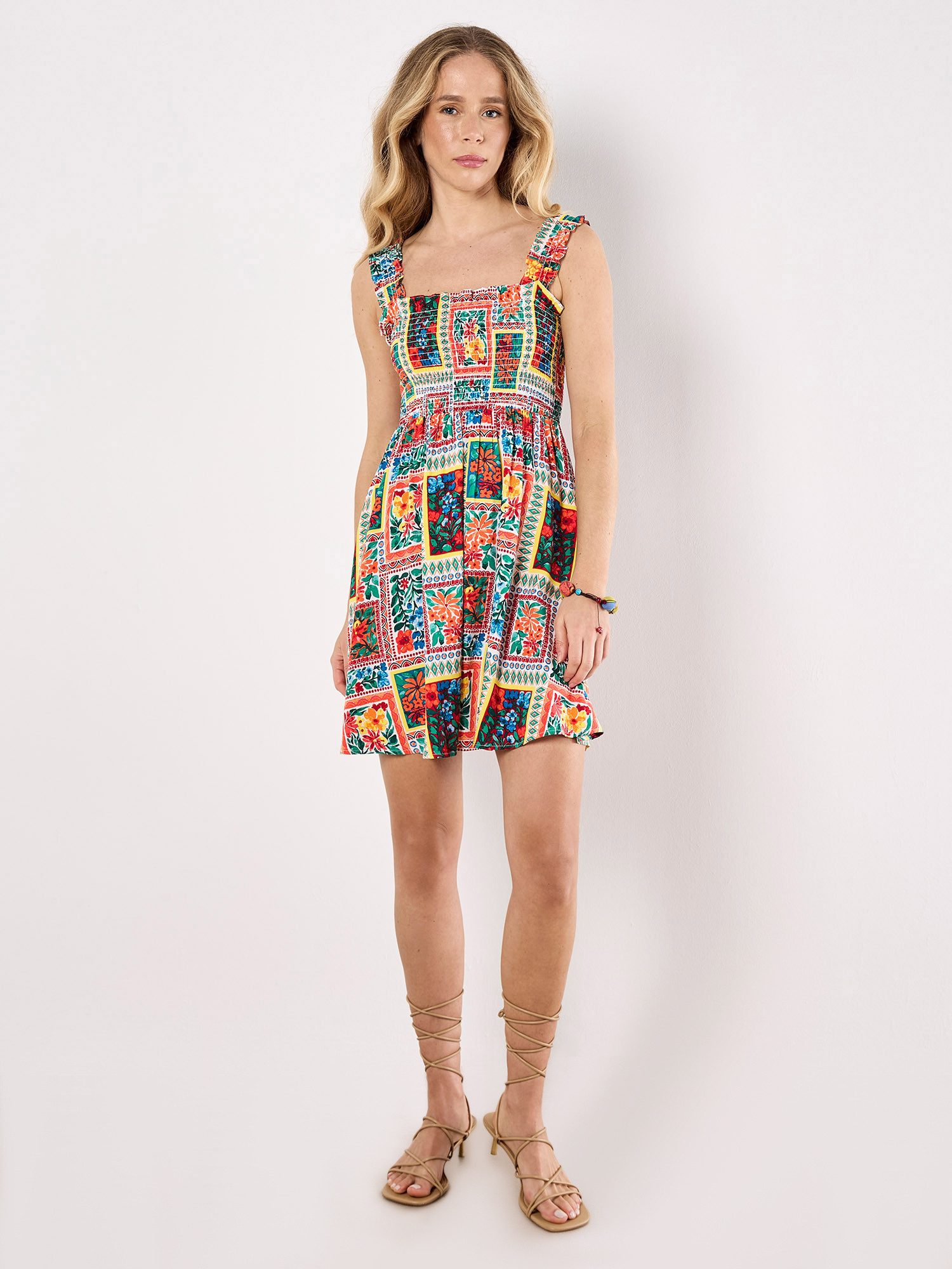 Apricot Minikleid Smokkleid, mit Blumendruck günstig online kaufen