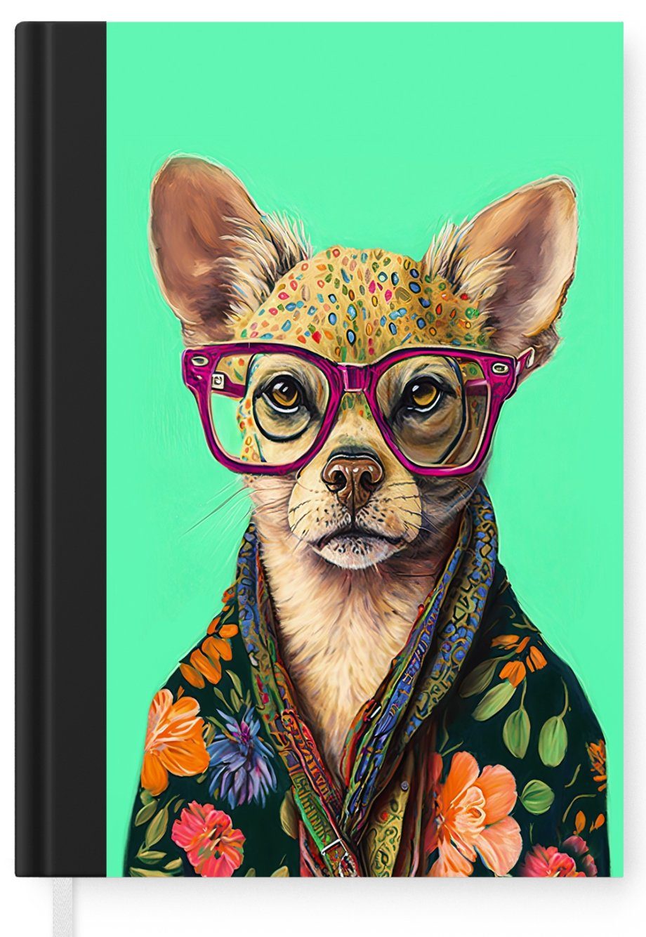 Notizbuch A5, - Tier Brille Journal, Seiten, - 98 Notizheft, Hund - Haushaltsbuch Blumen MuchoWow Chihuahua, - Tagebuch, Merkzettel,