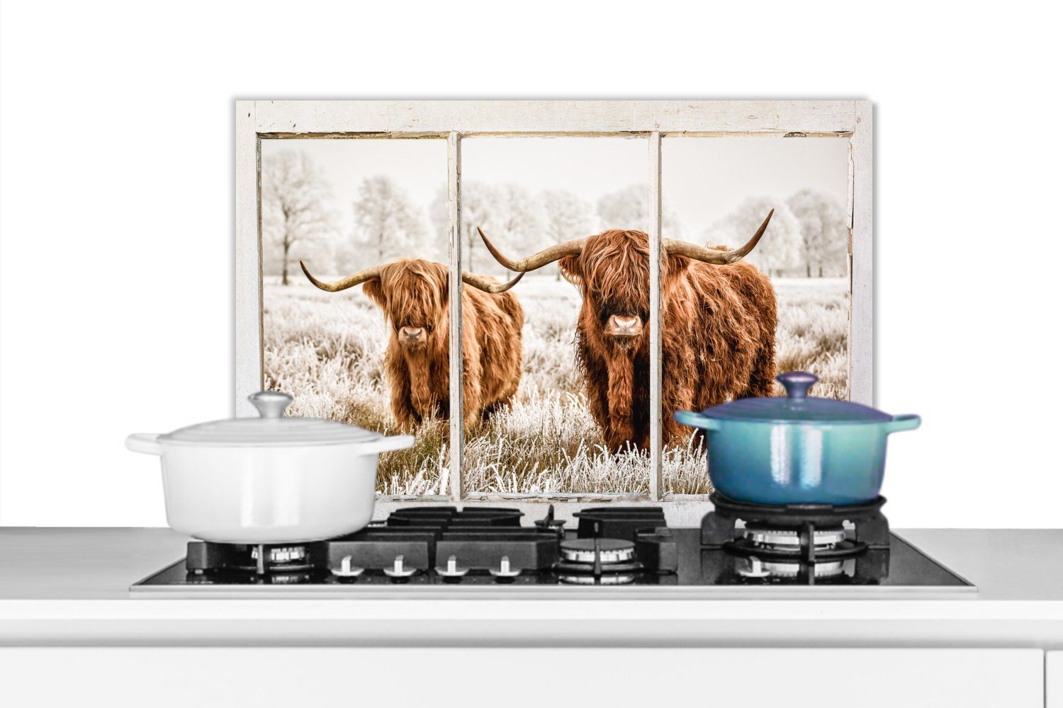 MuchoWow Küchenrückwand Scottish Highlander - Ansicht - Kuh, (1-tlg), 60x40 cm, Herdblende aus Wandschutz, Temperaturbeständig küchen