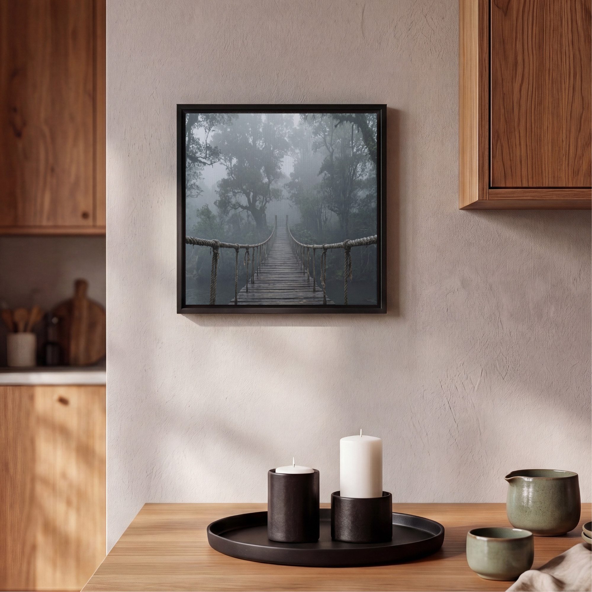 OneMillionCanvasses® Leinwandbild mit Rahmen - Brücke - Dschungel - Nebel - Natur, Fotodruck (1 St), Leinwand Bilder Klein, Wand Dekoration Aesthetic 20x20cm – Bild 2 von 5