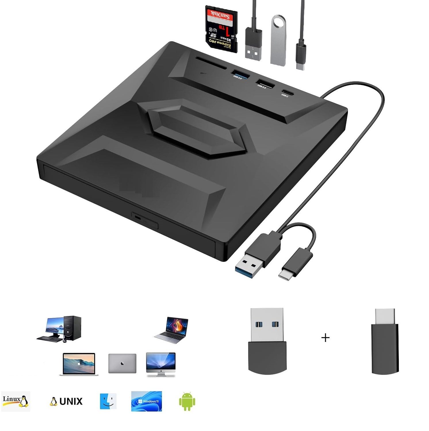 Externe CD DVD Laufwerk,USB 3.0,Typ-C,SD/TF Kartenleser,USB Anschlüsse DVD-Brenner