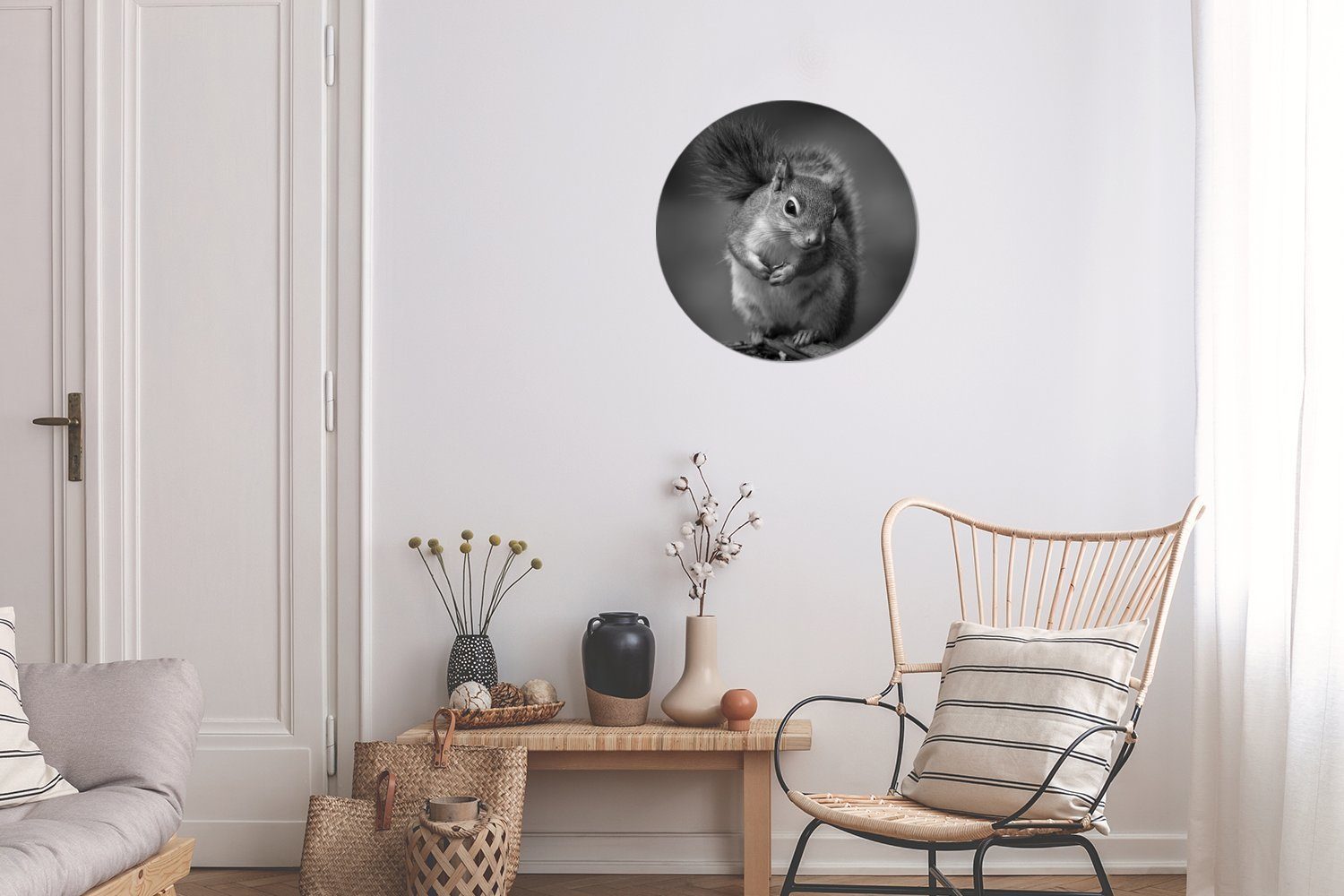 Kreis (1 Weiß, Wanddekoration Wandbild, Neugieriges Wohnzimmer, cm 30x30 Forex, und St), Gemälde Rundes Eichhörnchen in Schwarz MuchoWow