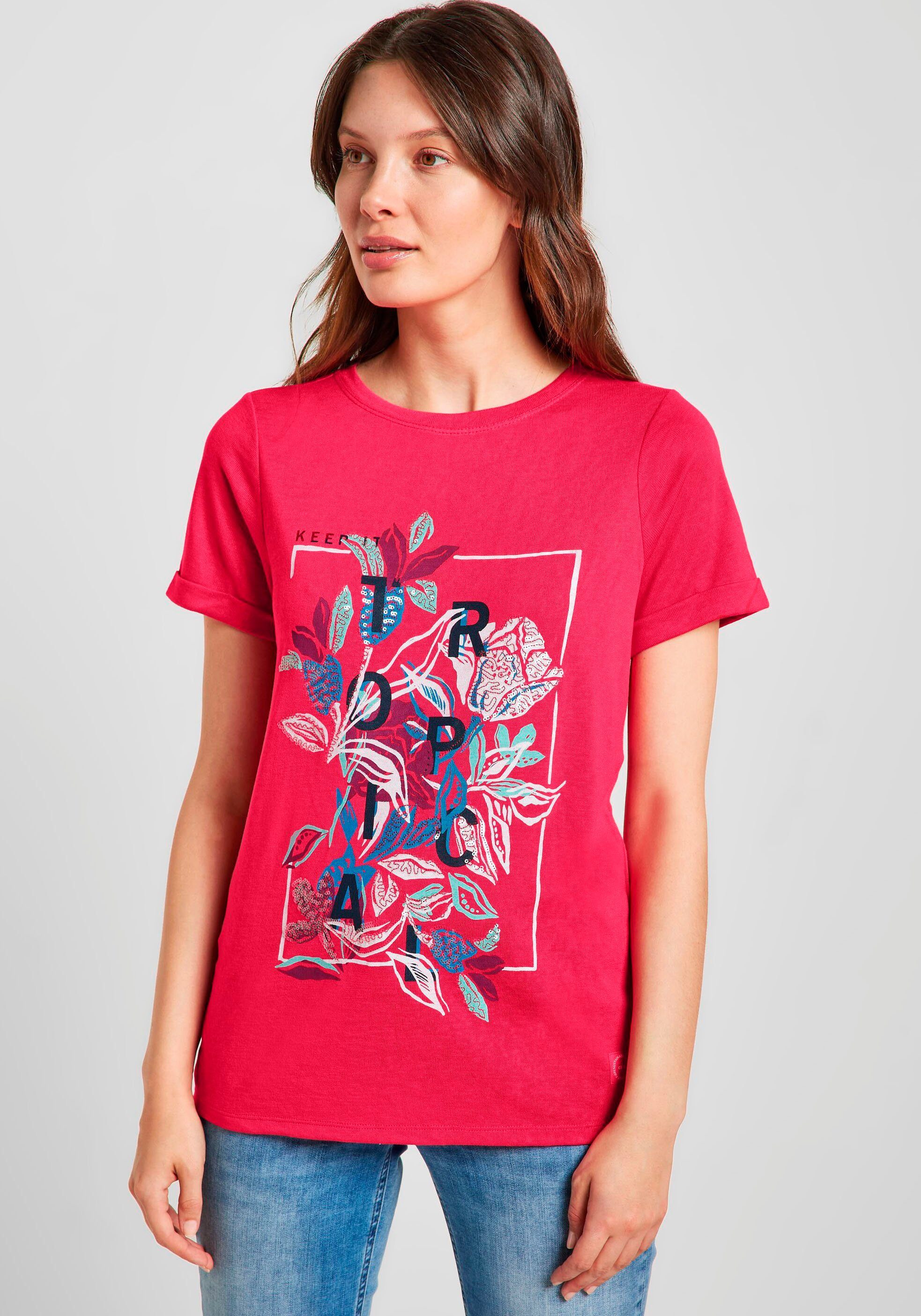 Cecil T-Shirt LINENLOOK_Shape print mit klassischem Rundhalsausschnitt pink