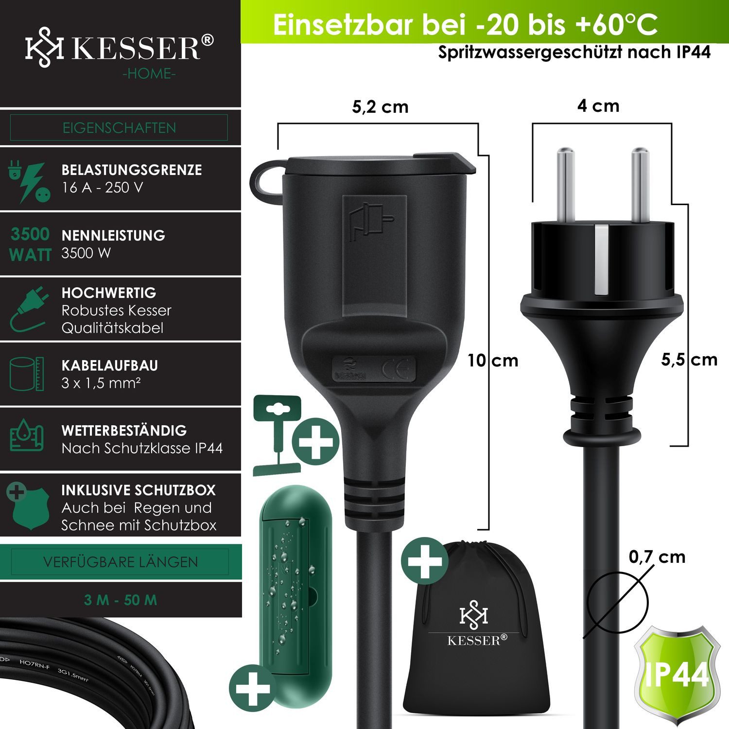 KESSER Verlängerungskabel, (3 cm), Verlängerungskabel mit Schutzkappe Outdoor für Innenbereich