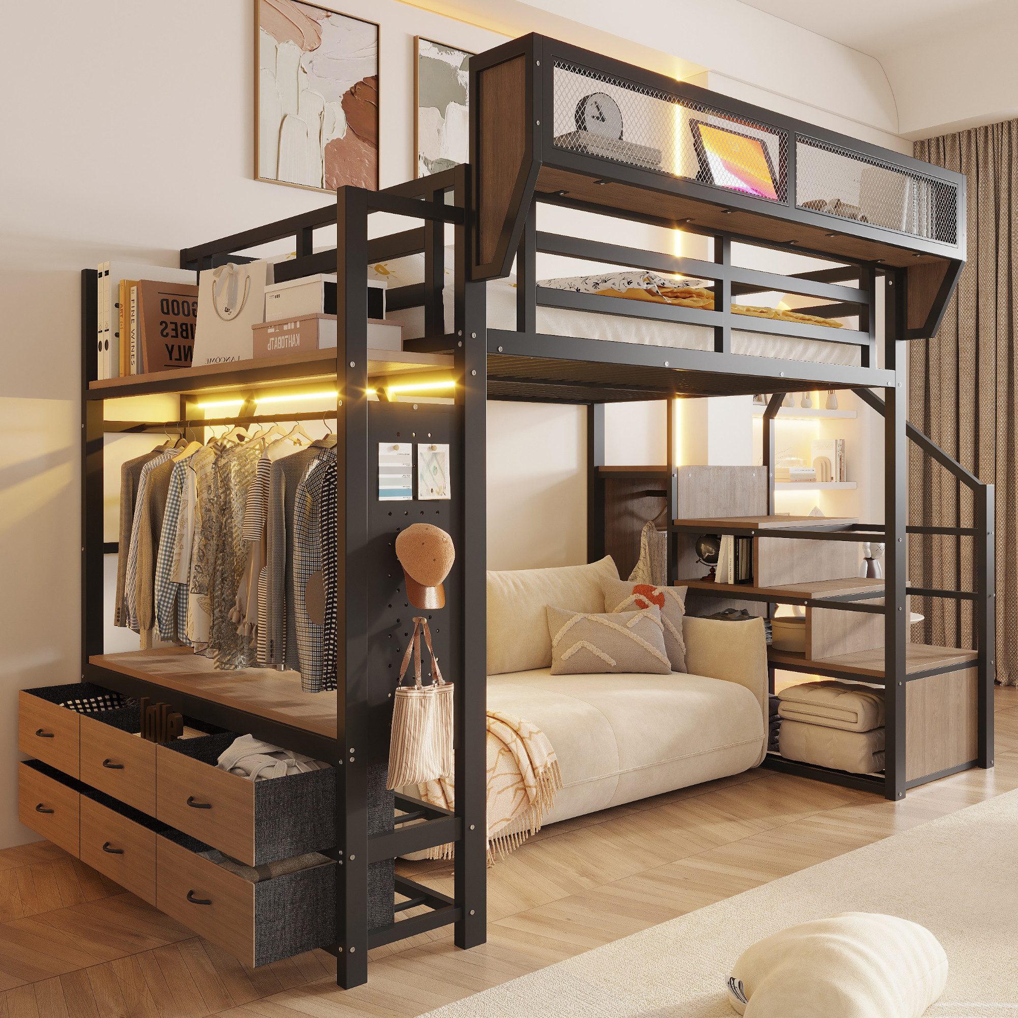 OKWISH Hochbett Jugendbett Metallbett (mit Ablagefach, Kleiderstange, Stoffschublade und abnehmbarem Ablagekorb, mit LED-Beleuchtung, 140x200 cm Stauraumbett) ohne Matratze