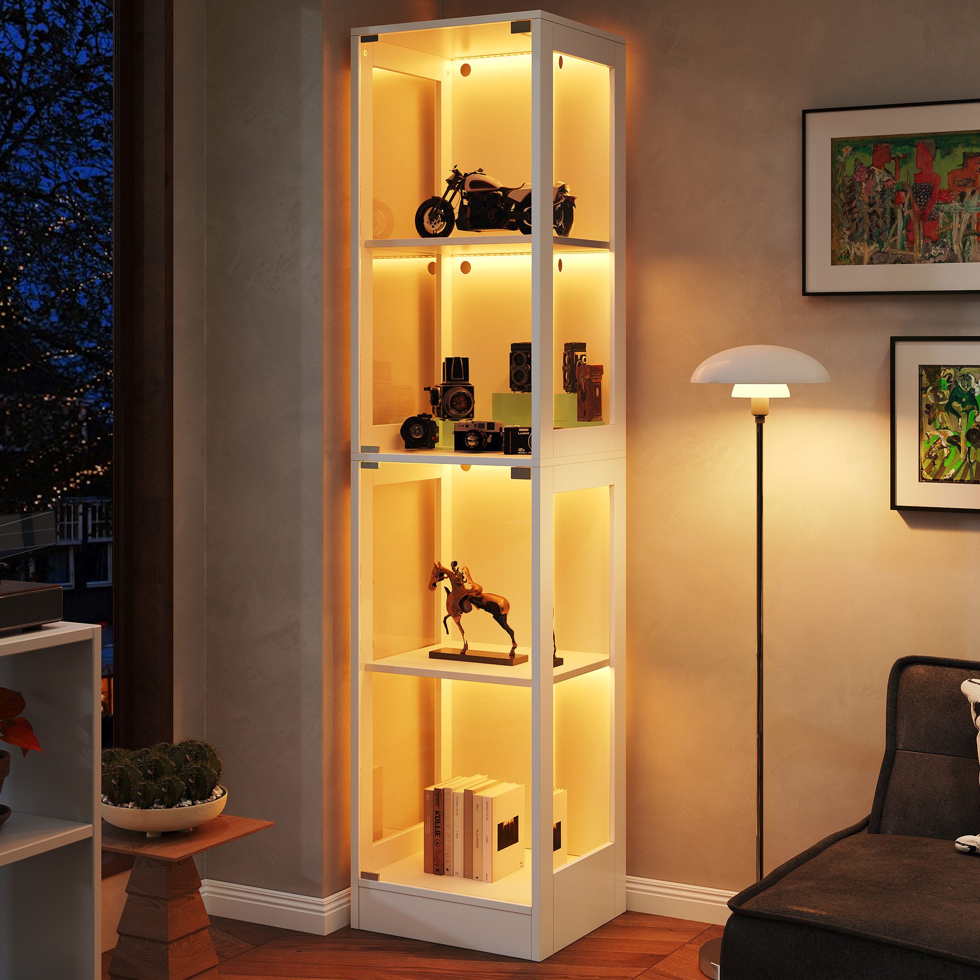 Flieks Glasvitrine Eckvitrine mit LED-Beleuchtung und Doppeltüren aus gehärtetem Glas (1-St., 40x35x170 cm) Standvitrine Eckschrank Hochschrank Sammlervitrine mit 4 Fächern Weiß